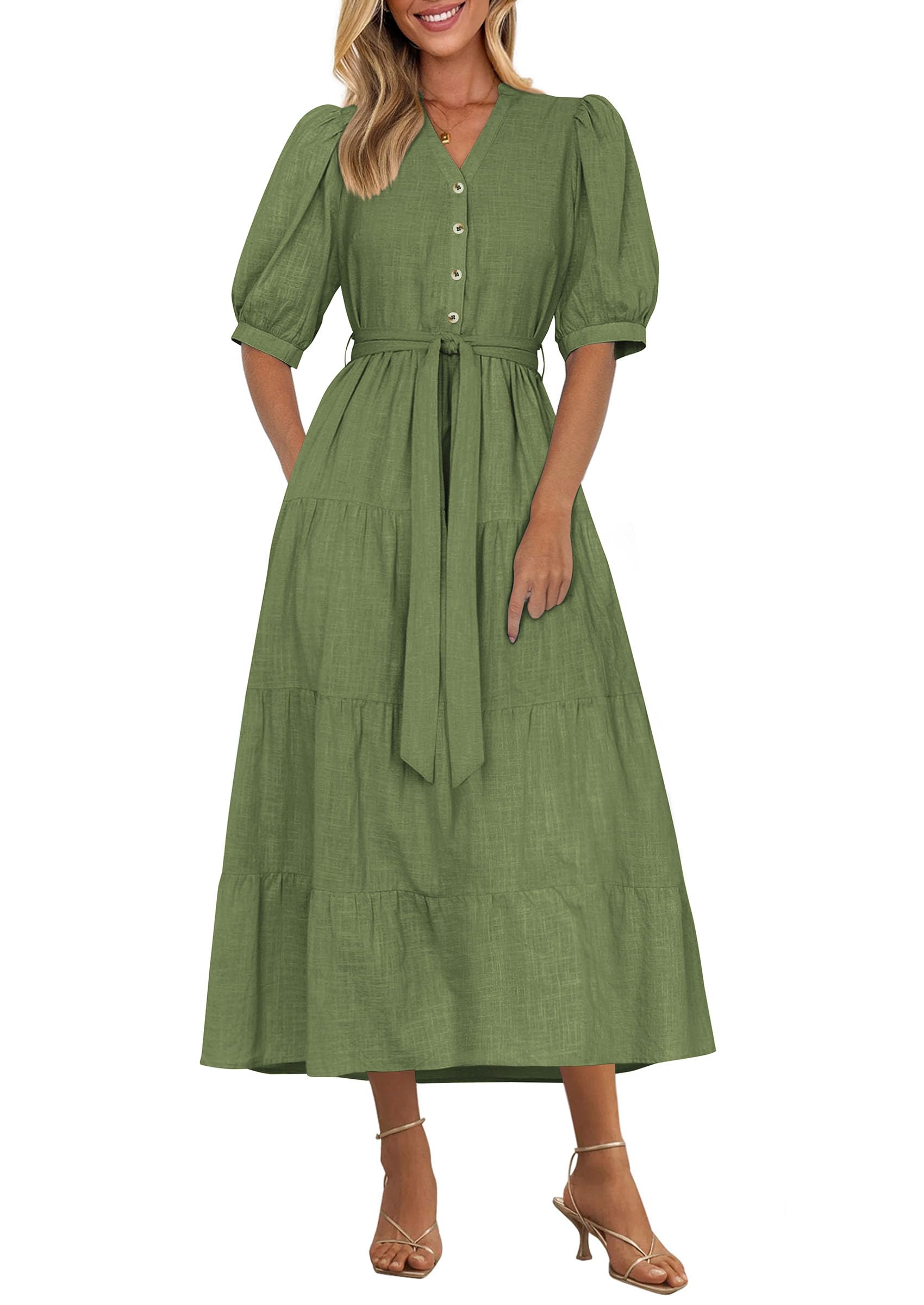 Vestido Midi Prettygarden Para Mujer, Verano 2025, Cuello En V Con Bolsillos - Venta Internacional.