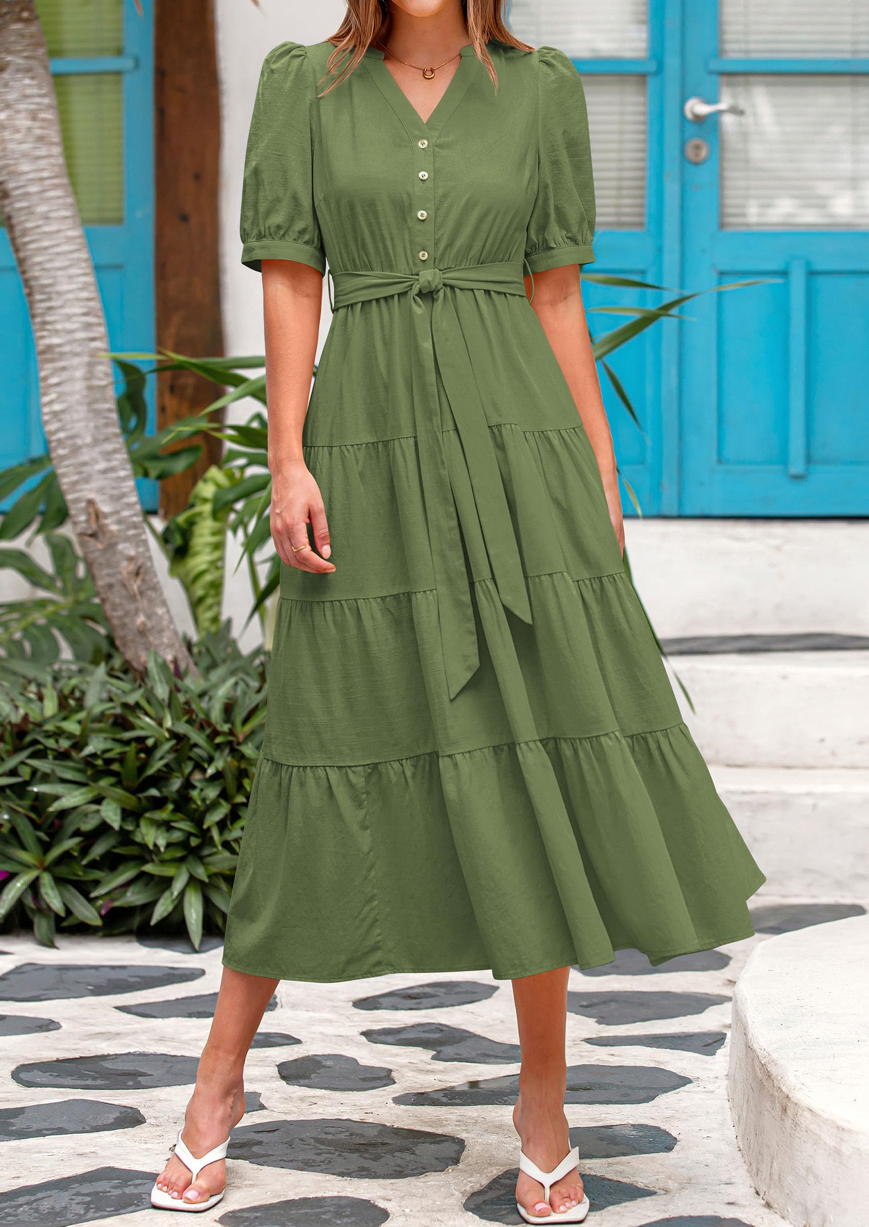 Foto 4 pulgar | Vestido Midi Prettygarden Para Mujer, Verano 2025, Cuello En V Con Bolsillos - Venta Internacional.
