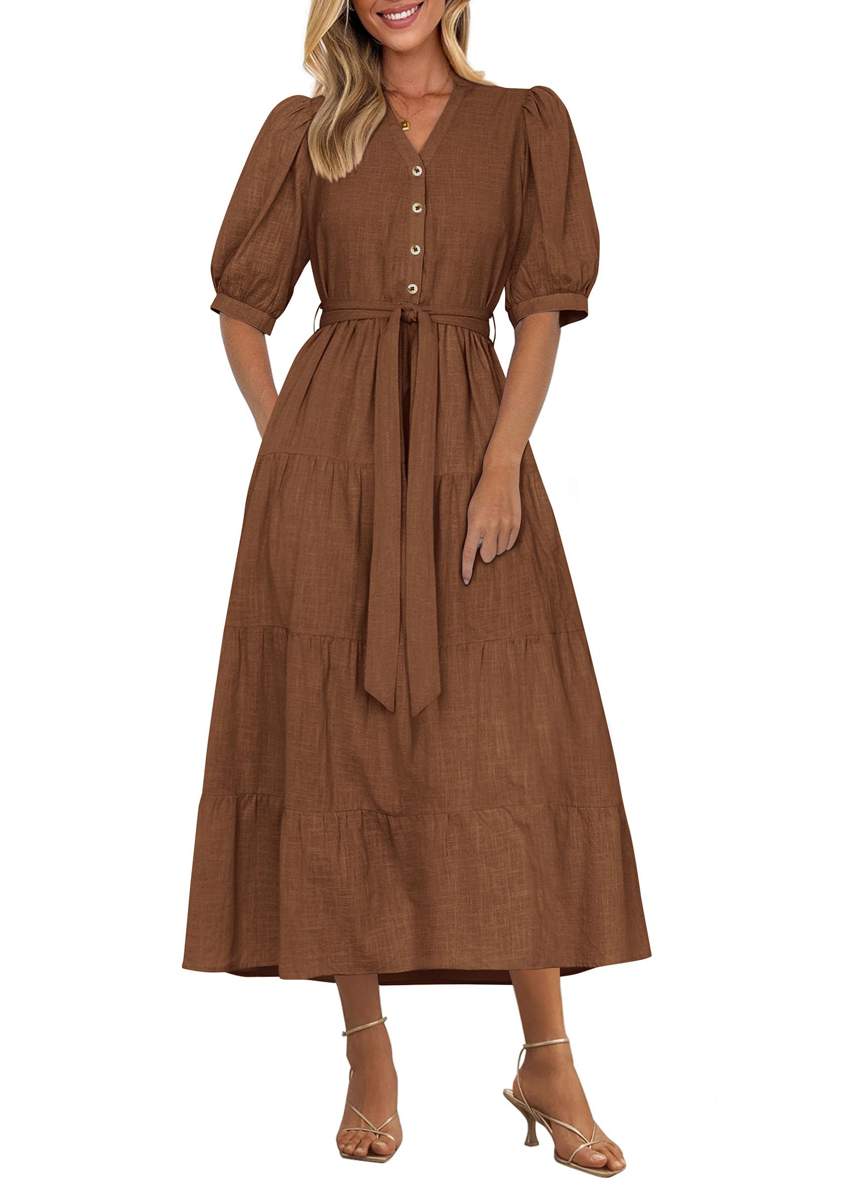 Vestido Midi Prettygarden Para Mujer, Verano 2025, Cuello En V Con Bolsillos - Venta Internacional.