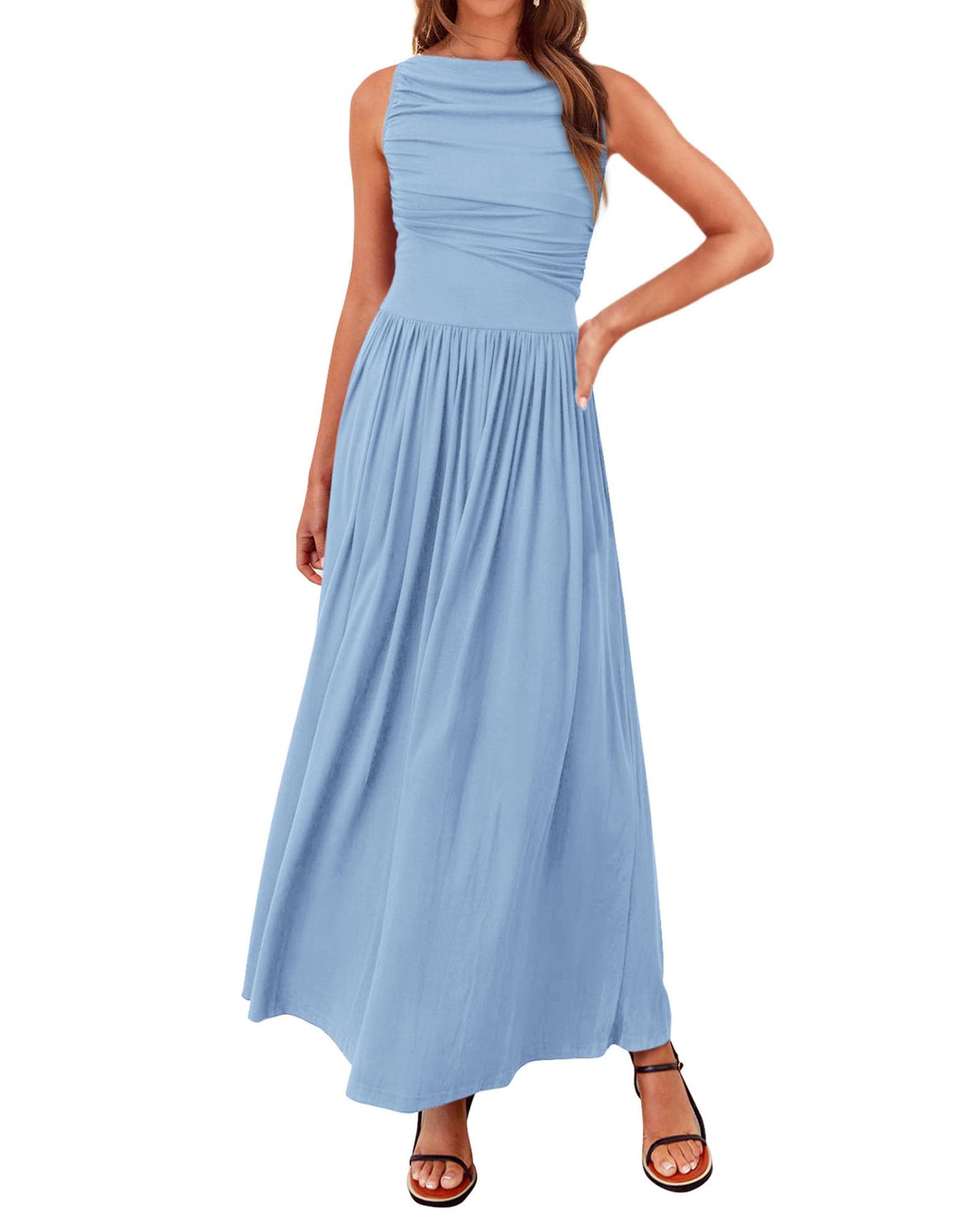 Foto 2 pulgar | Vestido Largo Btfbm Para Mujer 2025, Verano, Sin Mangas, Fruncido Con Bolsillos - Venta Internacional.