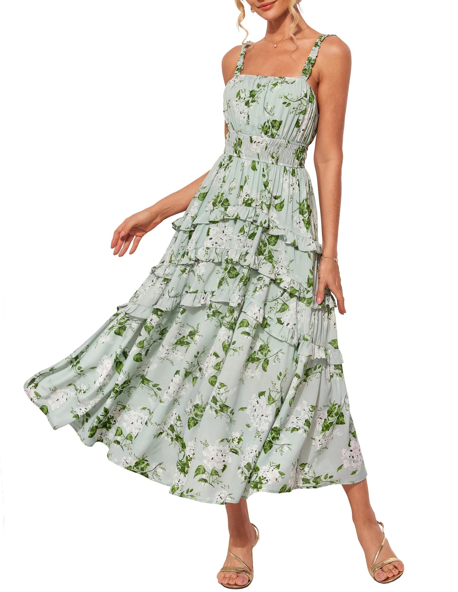 Foto 2 pulgar | Vestido Largo Grace Karin Elegante Con Estampado Floral Escalonado En Gasa Verde - Venta Internacional.