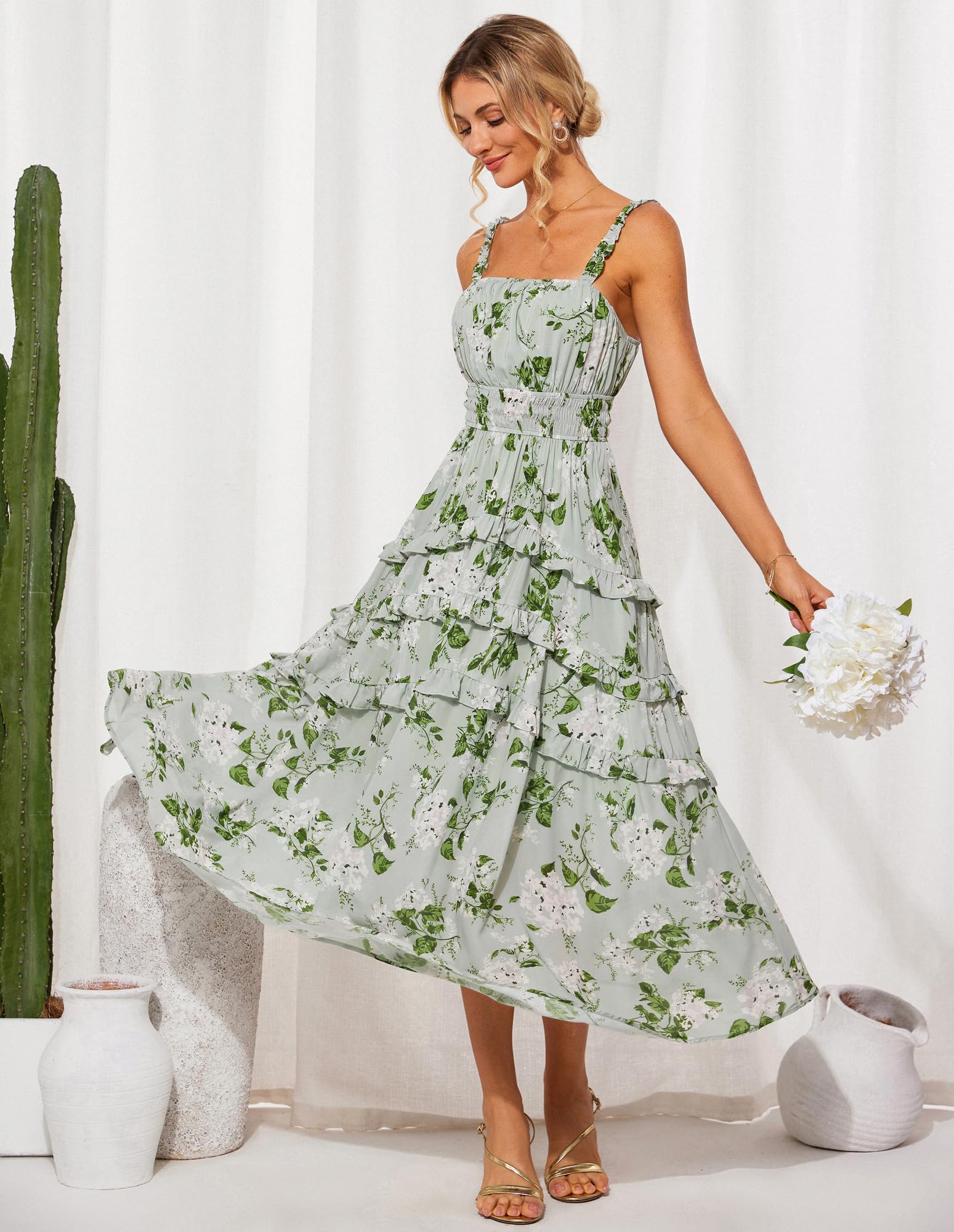 Foto 3 pulgar | Vestido Largo Grace Karin Elegante Con Estampado Floral Escalonado En Gasa Verde - Venta Internacional.