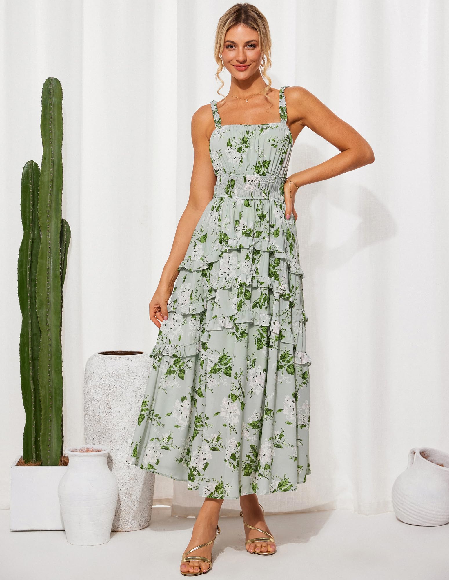 Foto 5 pulgar | Vestido Largo Grace Karin Elegante Con Estampado Floral Escalonado En Gasa Verde - Venta Internacional.