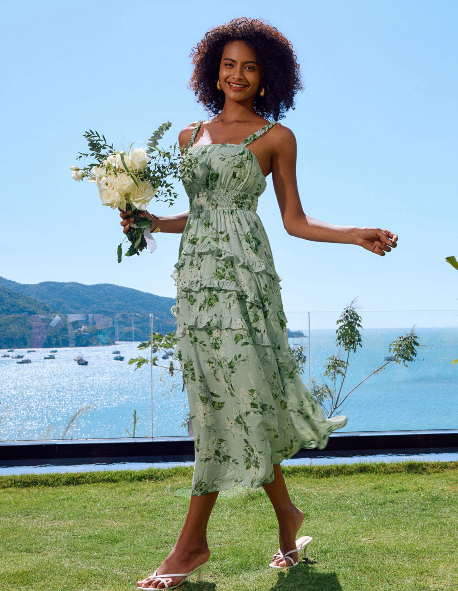 Foto 5 | Vestido Largo Grace Karin Elegante Con Estampado Floral Escalonado En Gasa Verde - Venta Internacional.