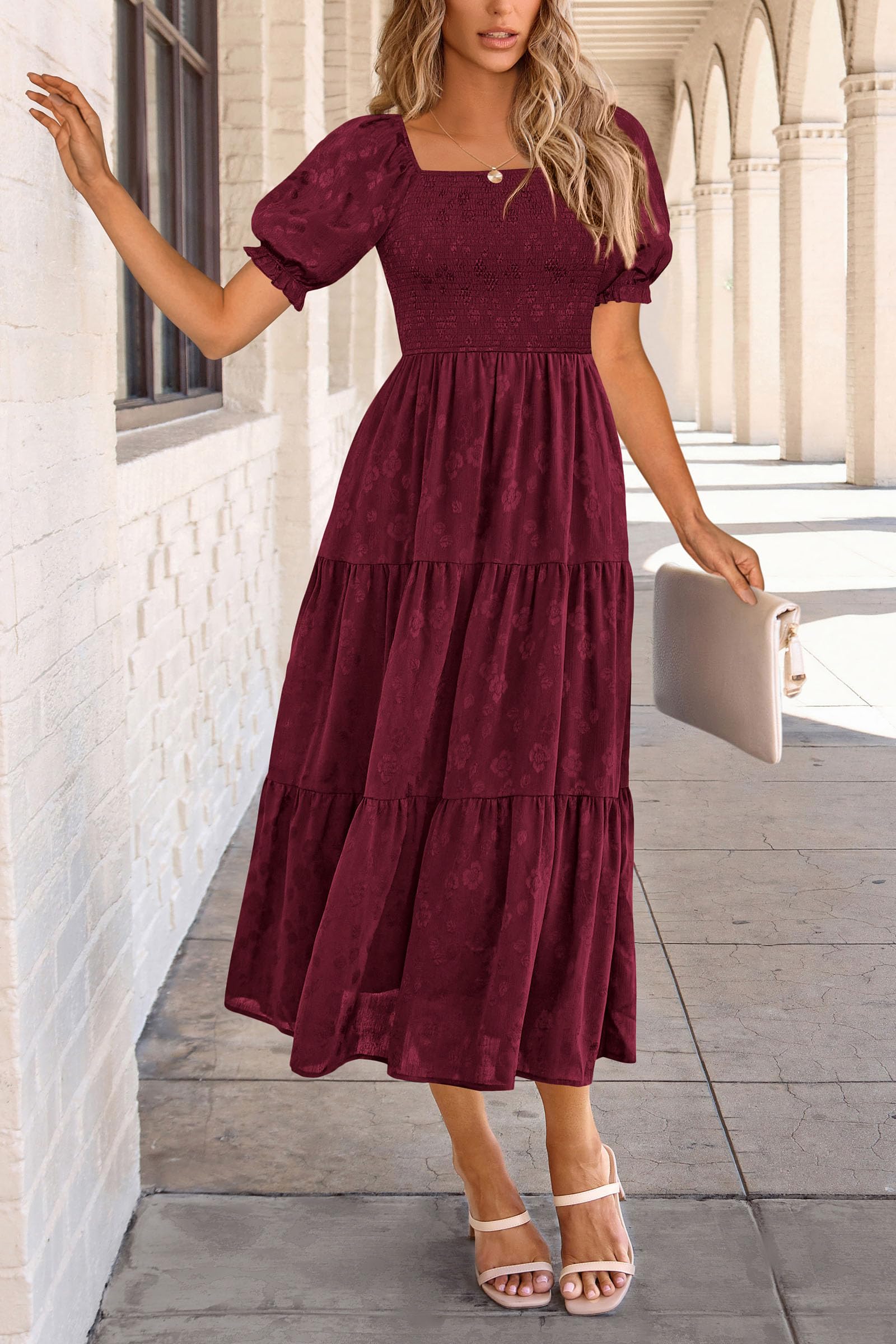 Foto 5 | Vestido Midi Prettygarden Para Mujer, Verano 2025, Estampado Floral, Rojo Vino - Venta Internacional.