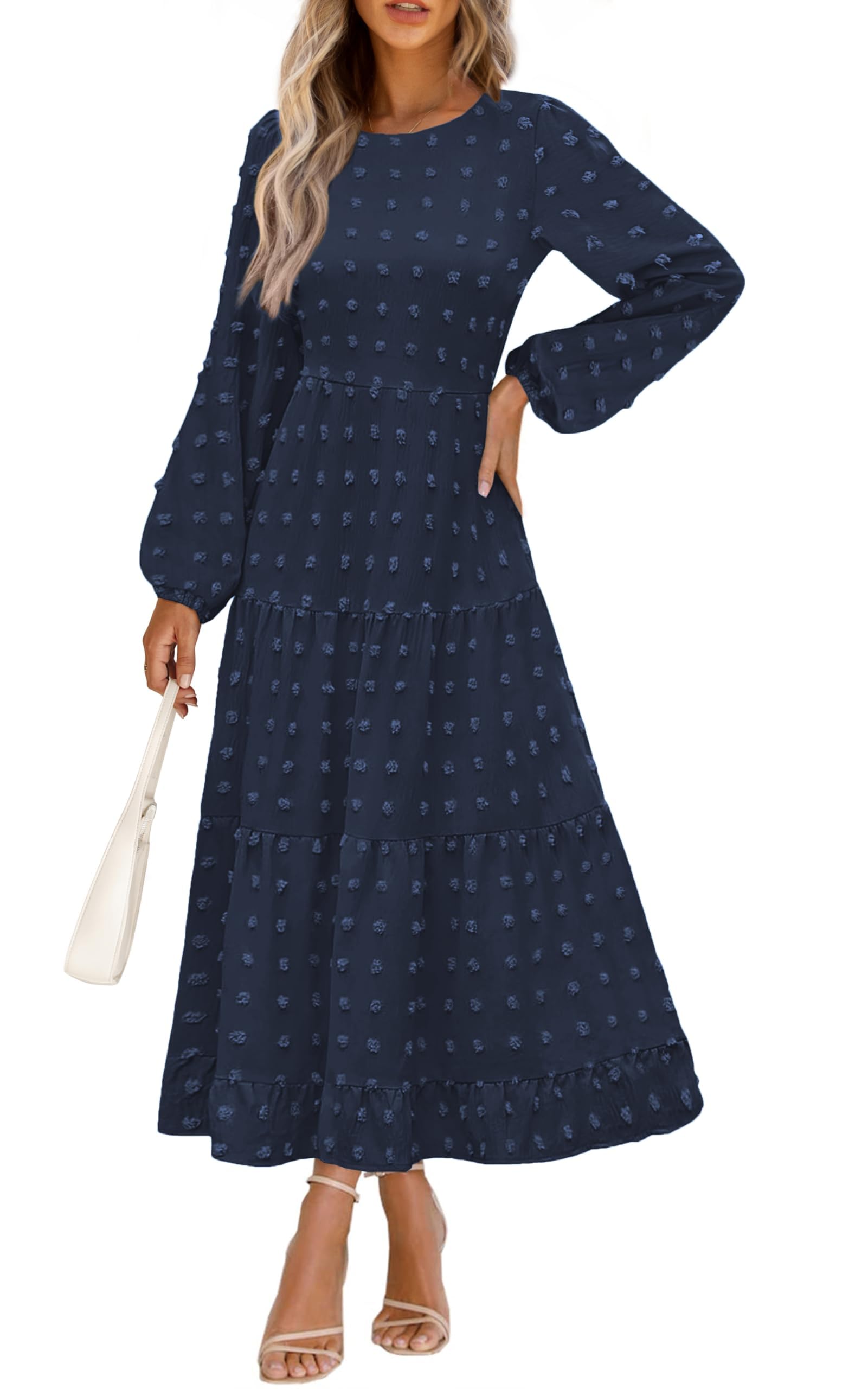 Foto 2 pulgar | Vestido Largo Prettygarden Para Mujer, Otoño-primavera, Lunares Suizos, Azul Marino - Venta Internacional.
