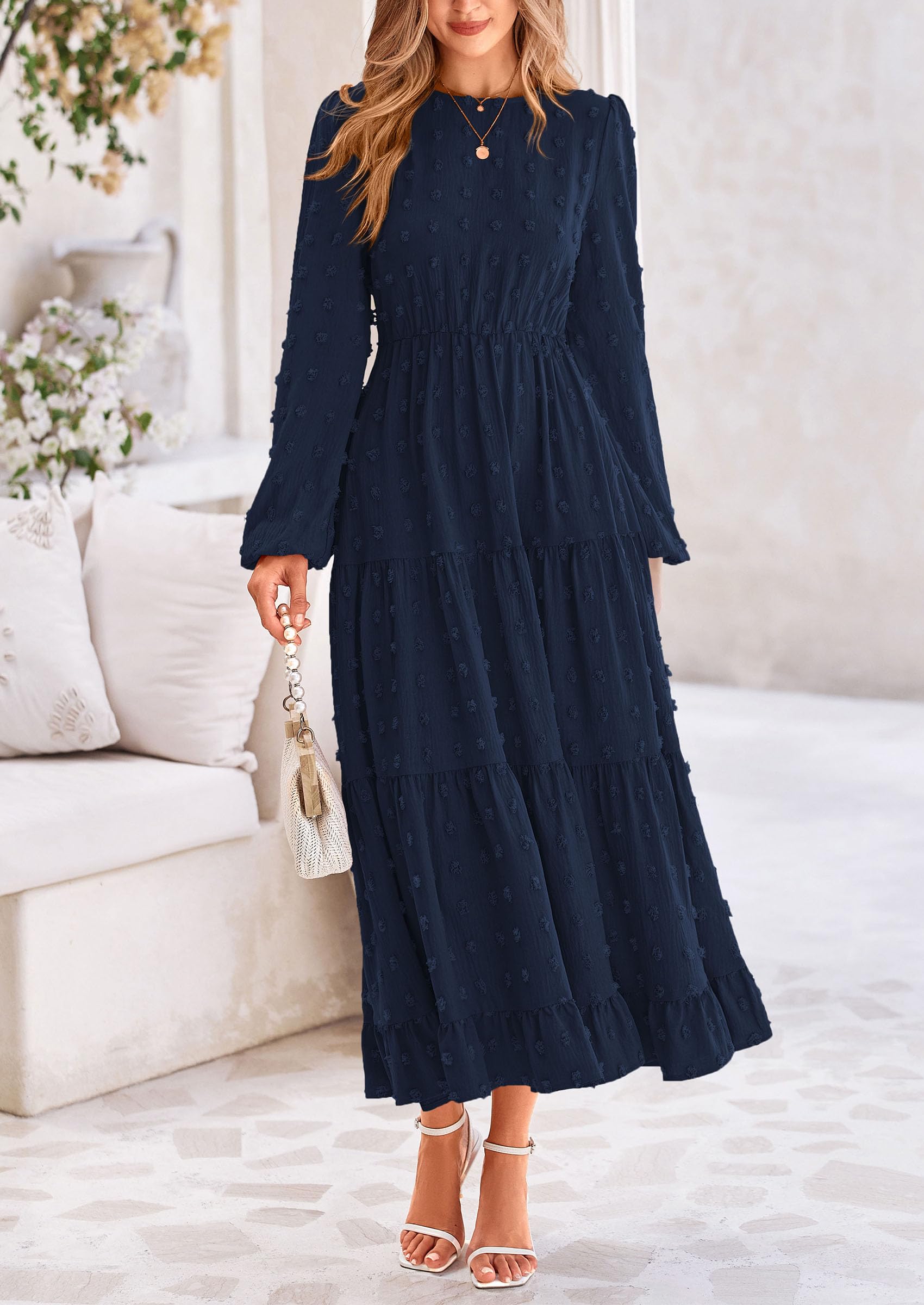 Foto 4 pulgar | Vestido Largo Prettygarden Para Mujer, Otoño-primavera, Lunares Suizos, Azul Marino - Venta Internacional.