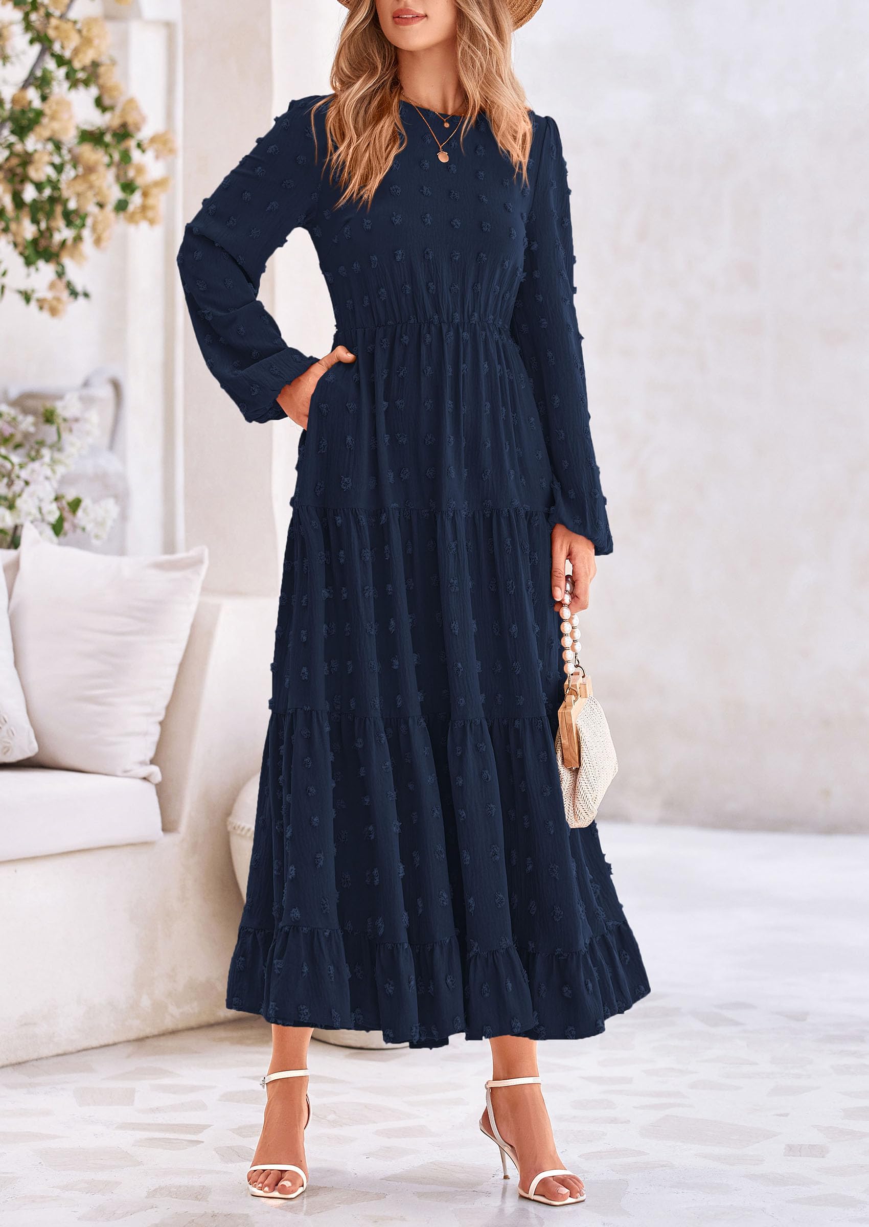 Foto 6 pulgar | Vestido Largo Prettygarden Para Mujer, Otoño-primavera, Lunares Suizos, Azul Marino - Venta Internacional.