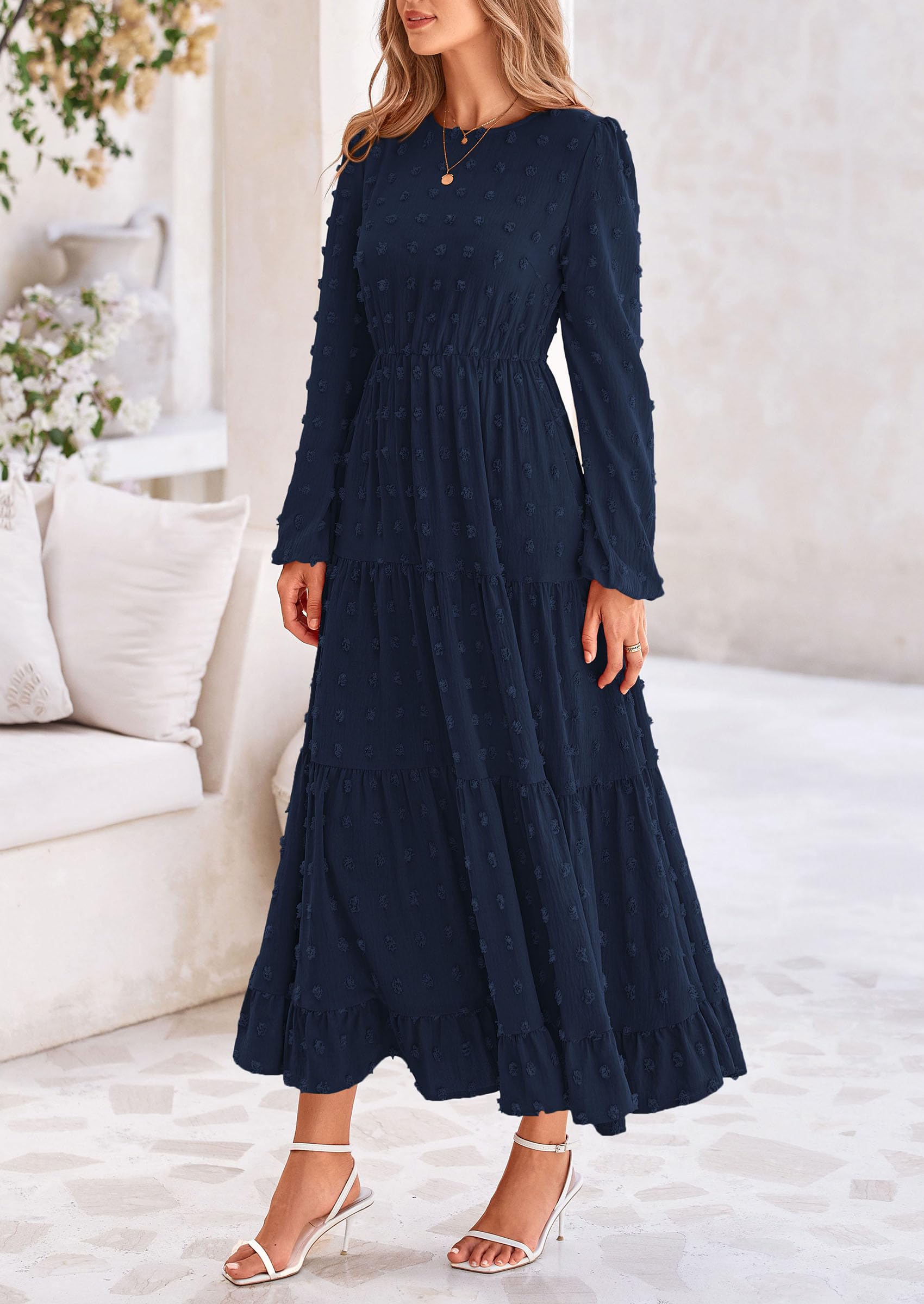 Foto 7 | Vestido Largo Prettygarden Para Mujer, Otoño-primavera, Lunares Suizos, Azul Marino - Venta Internacional.