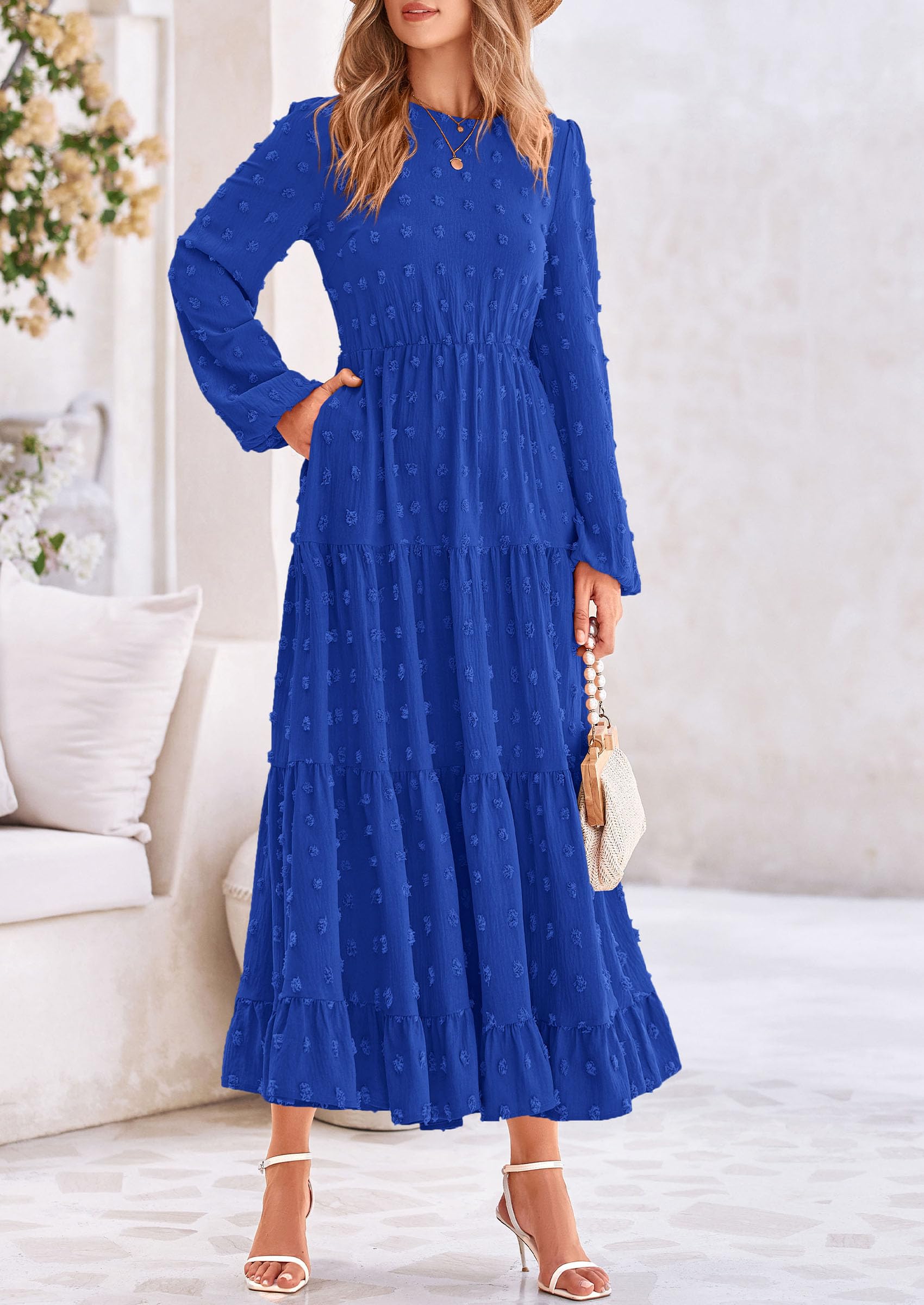 Foto 5 pulgar | Vestido Largo Prettygarden Elegante Para Mujer, Azul Con Puntos Suizos, Xxl - Venta Internacional.