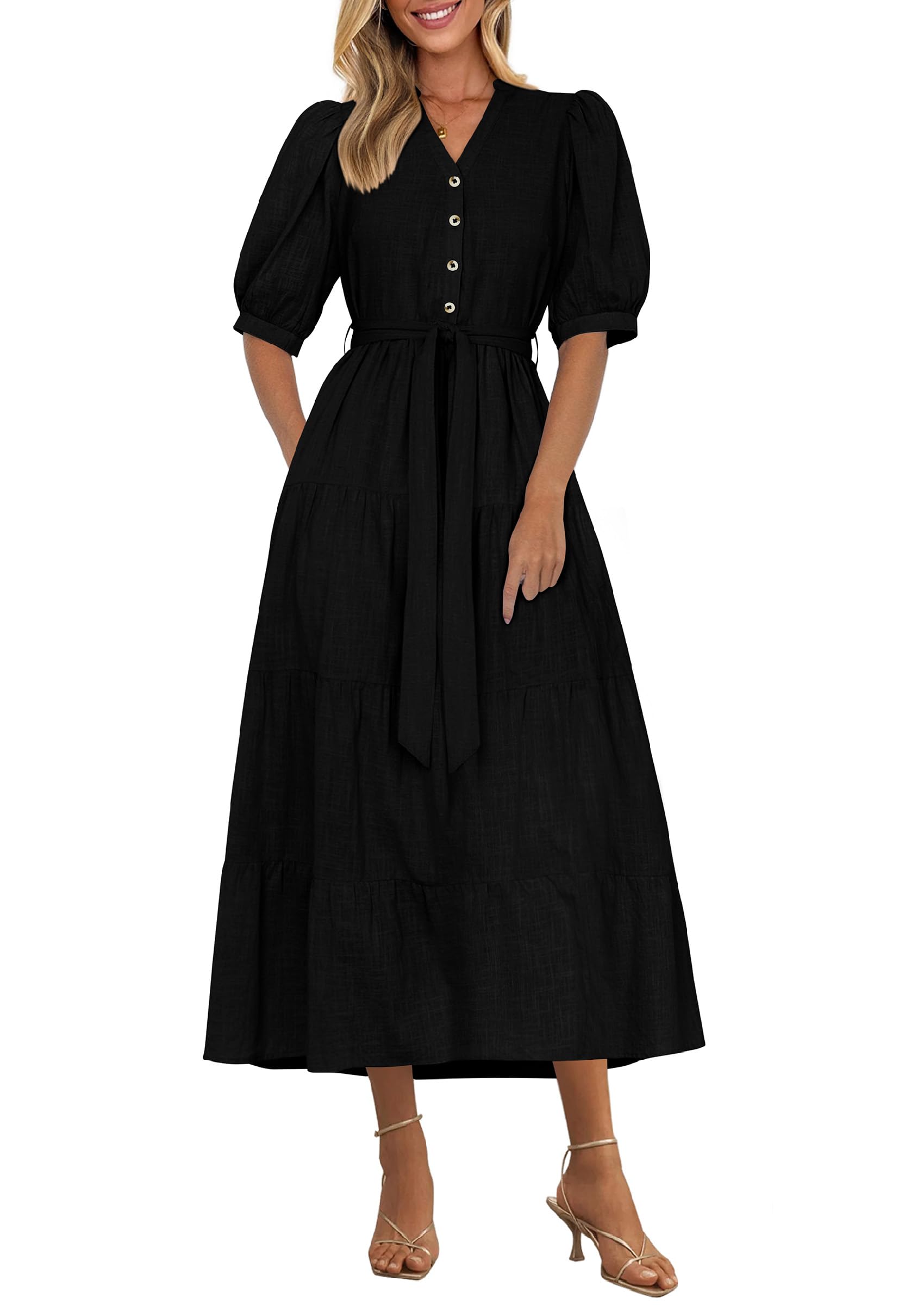 Vestido Midi Prettygarden 2025 Con Cuello En V Y Manga Corta Con Bolsillos - Venta Internacional.