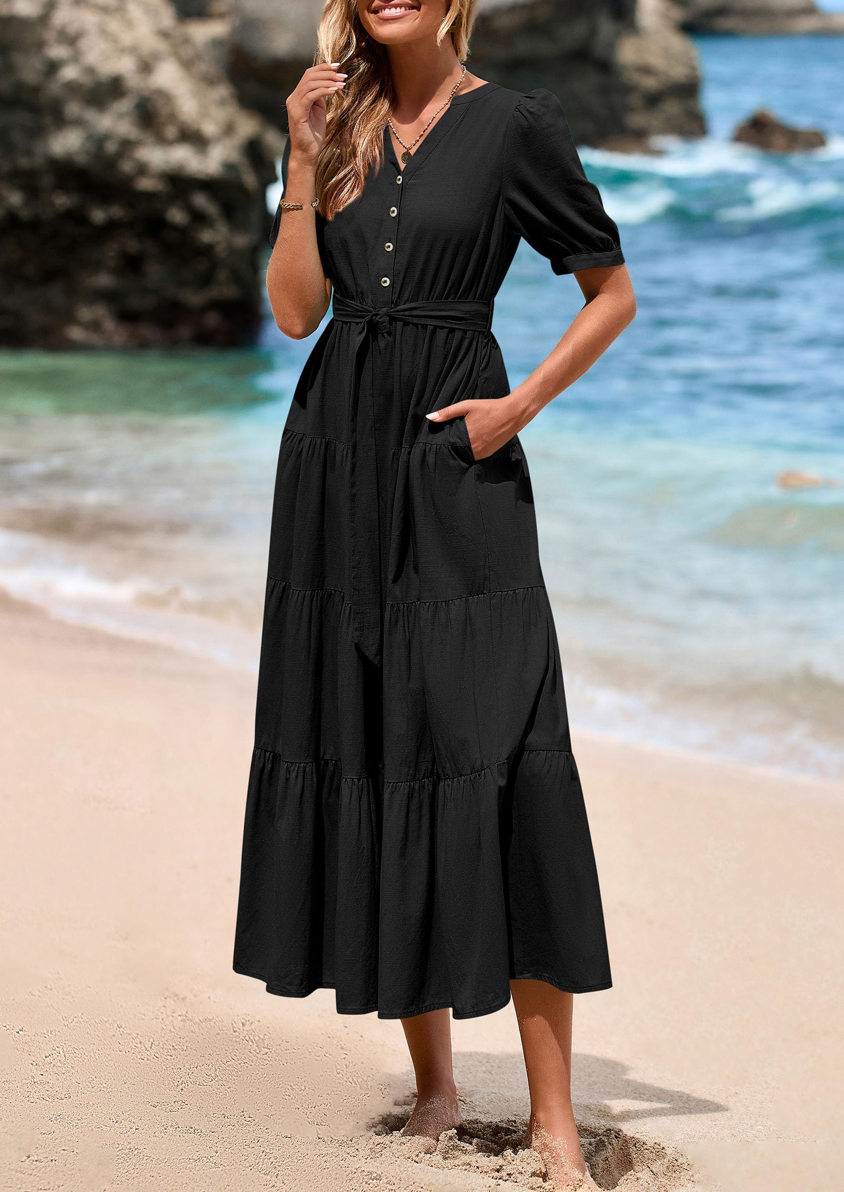 Foto 5 pulgar | Vestido Midi Prettygarden 2025 Con Cuello En V Y Manga Corta Con Bolsillos - Venta Internacional.