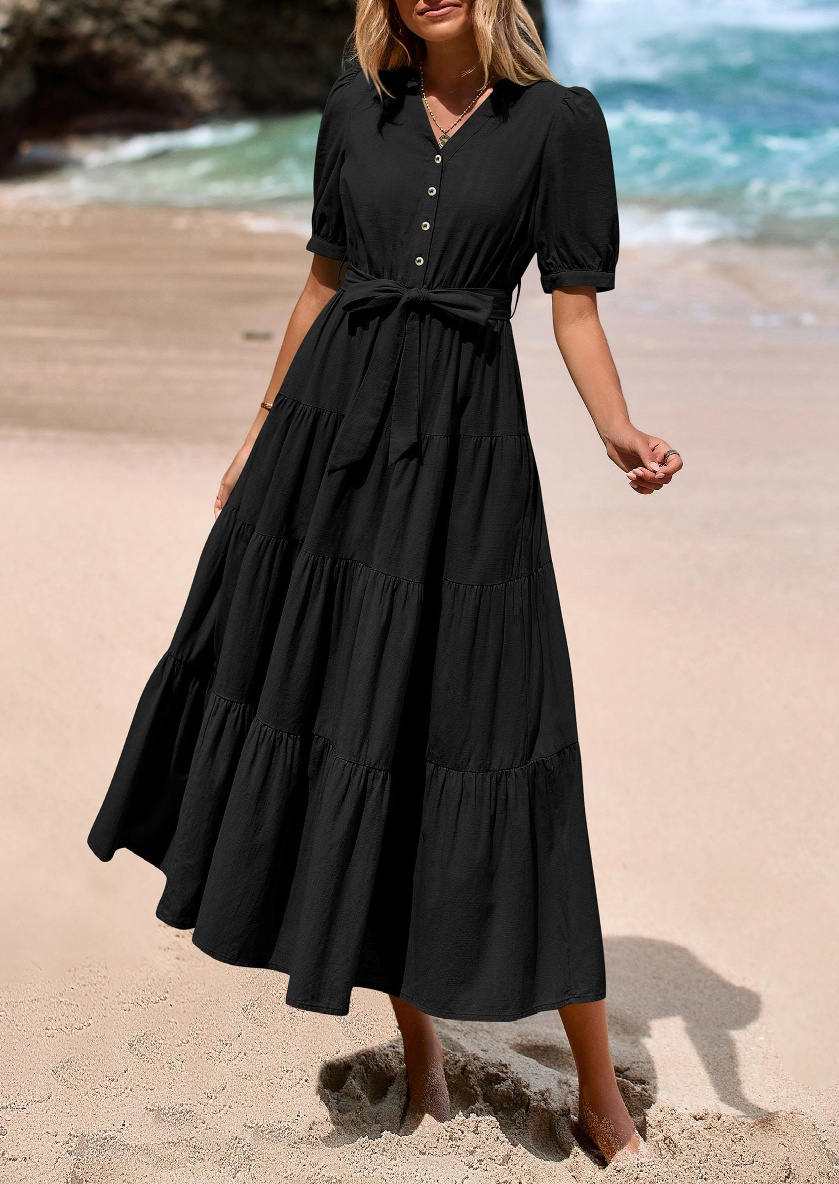 Foto 7 | Vestido Midi Prettygarden 2025 Con Cuello En V Y Manga Corta Con Bolsillos - Venta Internacional.