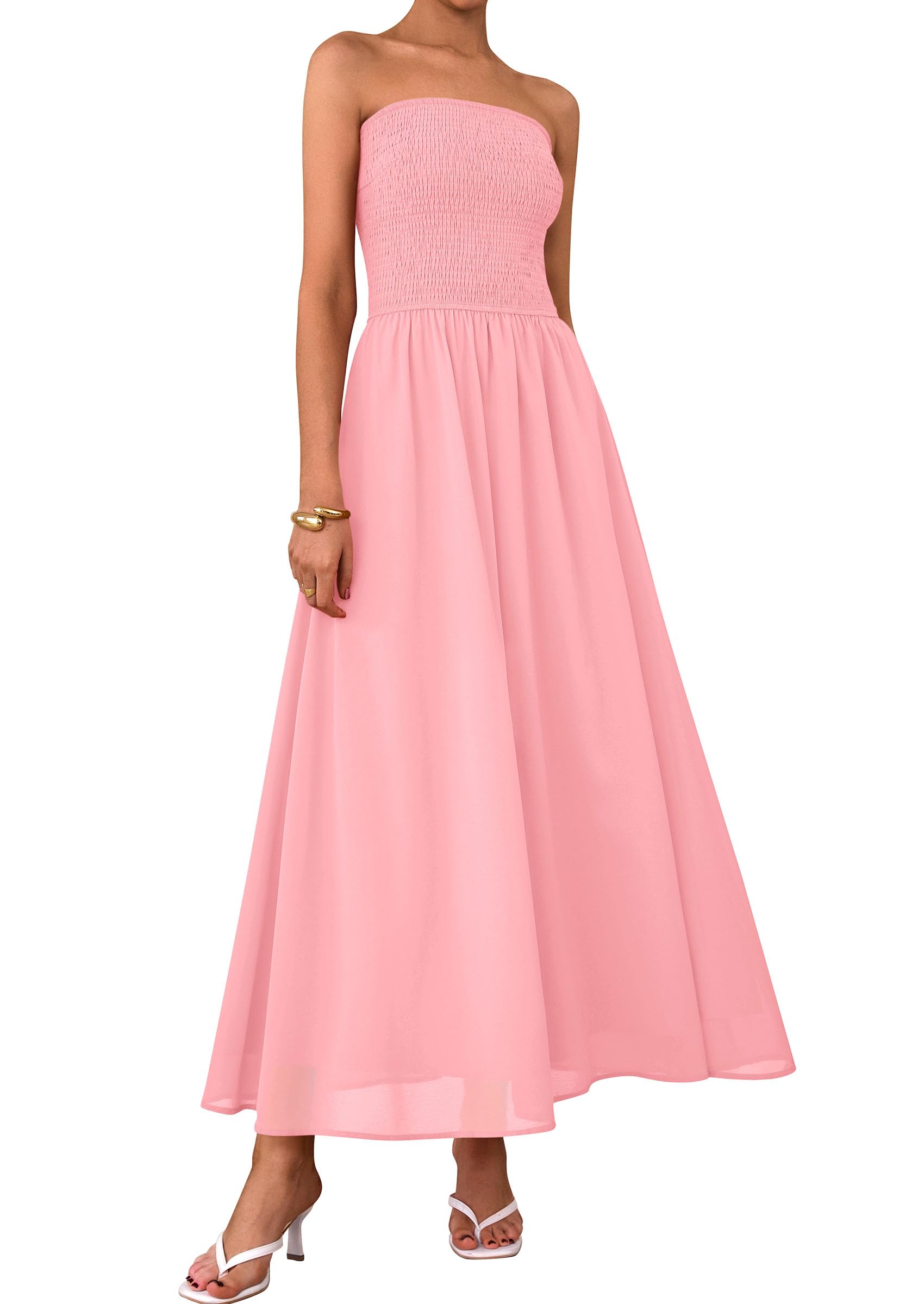 Foto 2 pulgar | Vestido De Invitada A La Boda Prettygarden Tube Top Maxi De Gasa Rosa - Venta Internacional.