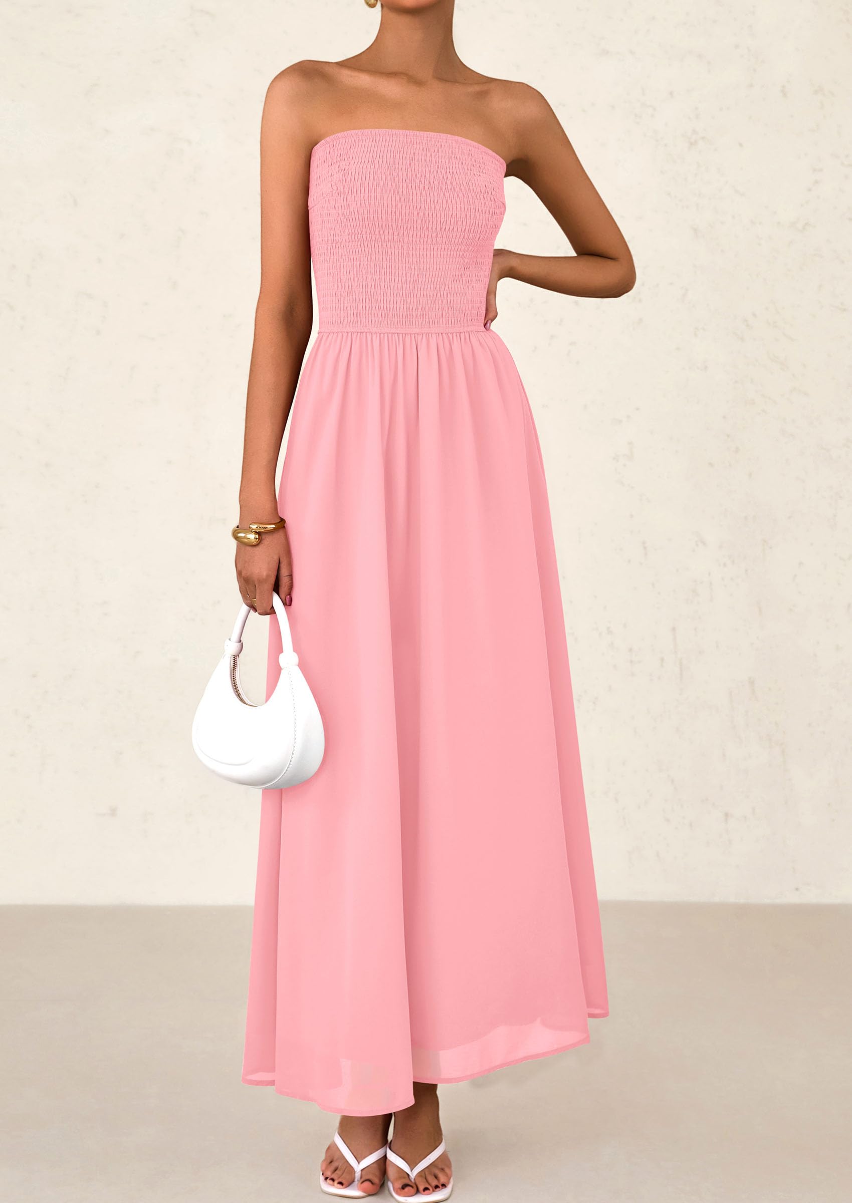 Foto 4 pulgar | Vestido De Invitada A La Boda Prettygarden Tube Top Maxi De Gasa Rosa - Venta Internacional.