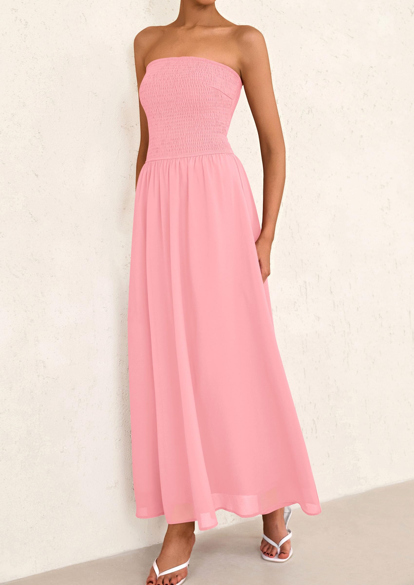 Foto 5 pulgar | Vestido De Invitada A La Boda Prettygarden Tube Top Maxi De Gasa Rosa - Venta Internacional.