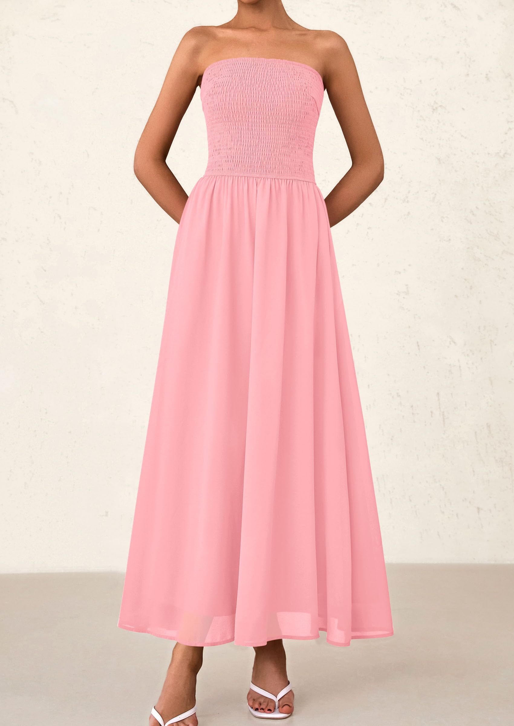 Foto 6 pulgar | Vestido De Invitada A La Boda Prettygarden Tube Top Maxi De Gasa Rosa - Venta Internacional.