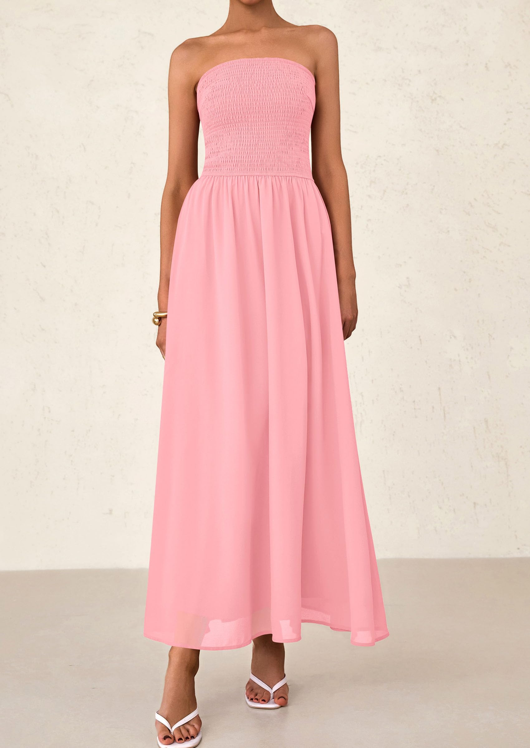 Foto 8 pulgar | Vestido De Invitada A La Boda Prettygarden Tube Top Maxi De Gasa Rosa - Venta Internacional.
