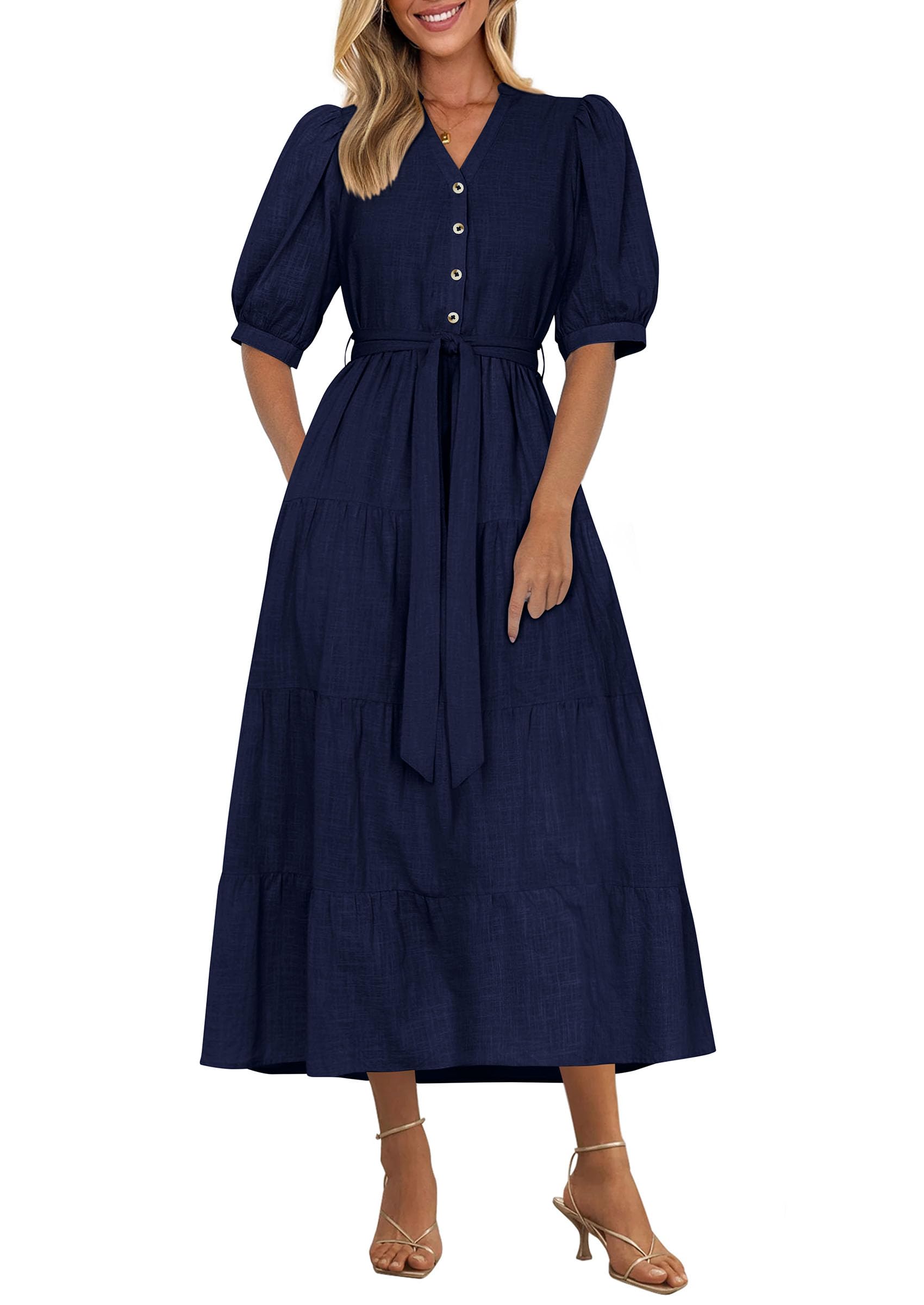 Foto 2 pulgar | Vestido Midi Prettygarden Para Mujer, Verano 2025, Cuello En V Con Bolsillos - Venta Internacional.