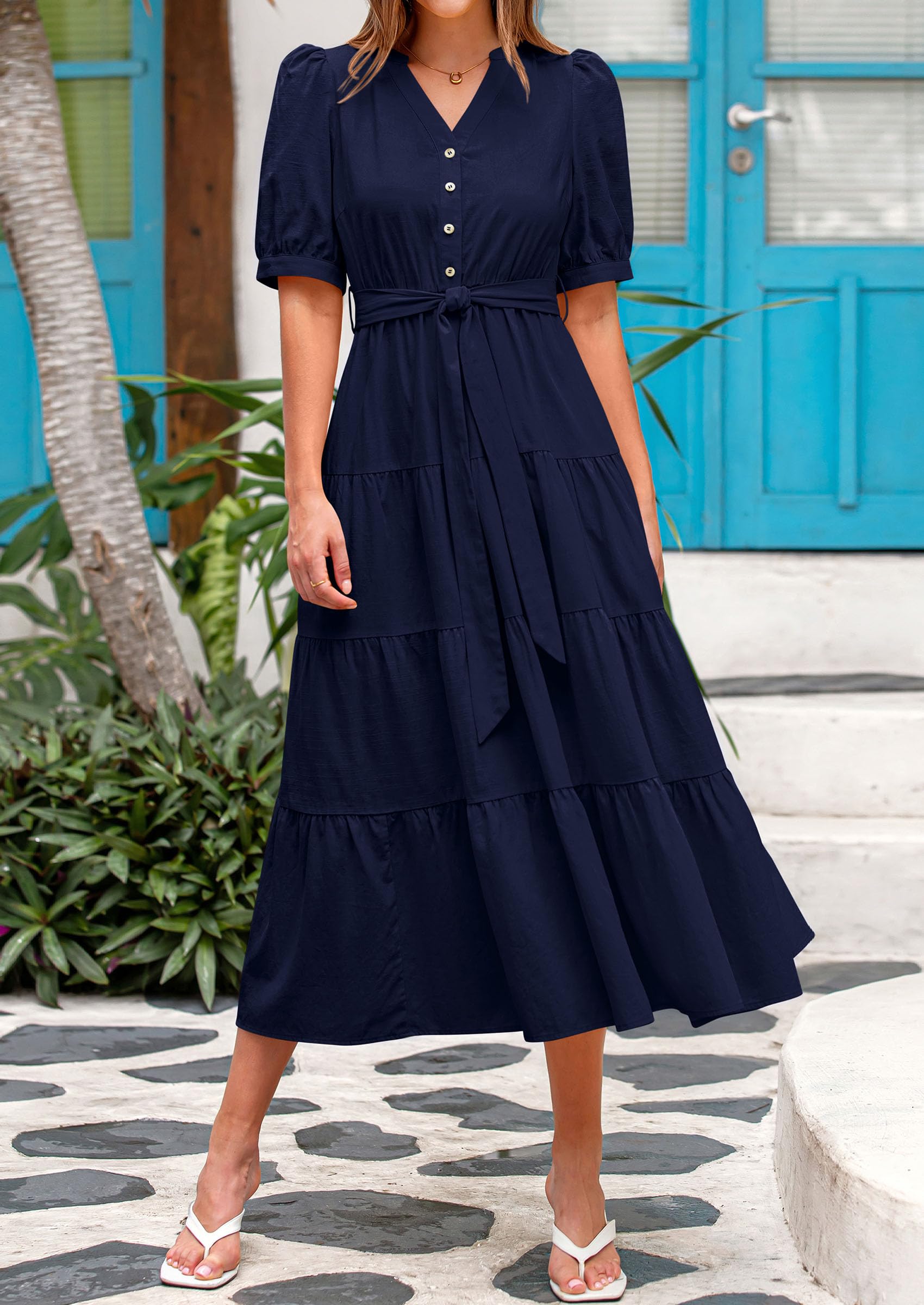 Foto 4 pulgar | Vestido Midi Prettygarden Para Mujer, Verano 2025, Cuello En V Con Bolsillos - Venta Internacional.