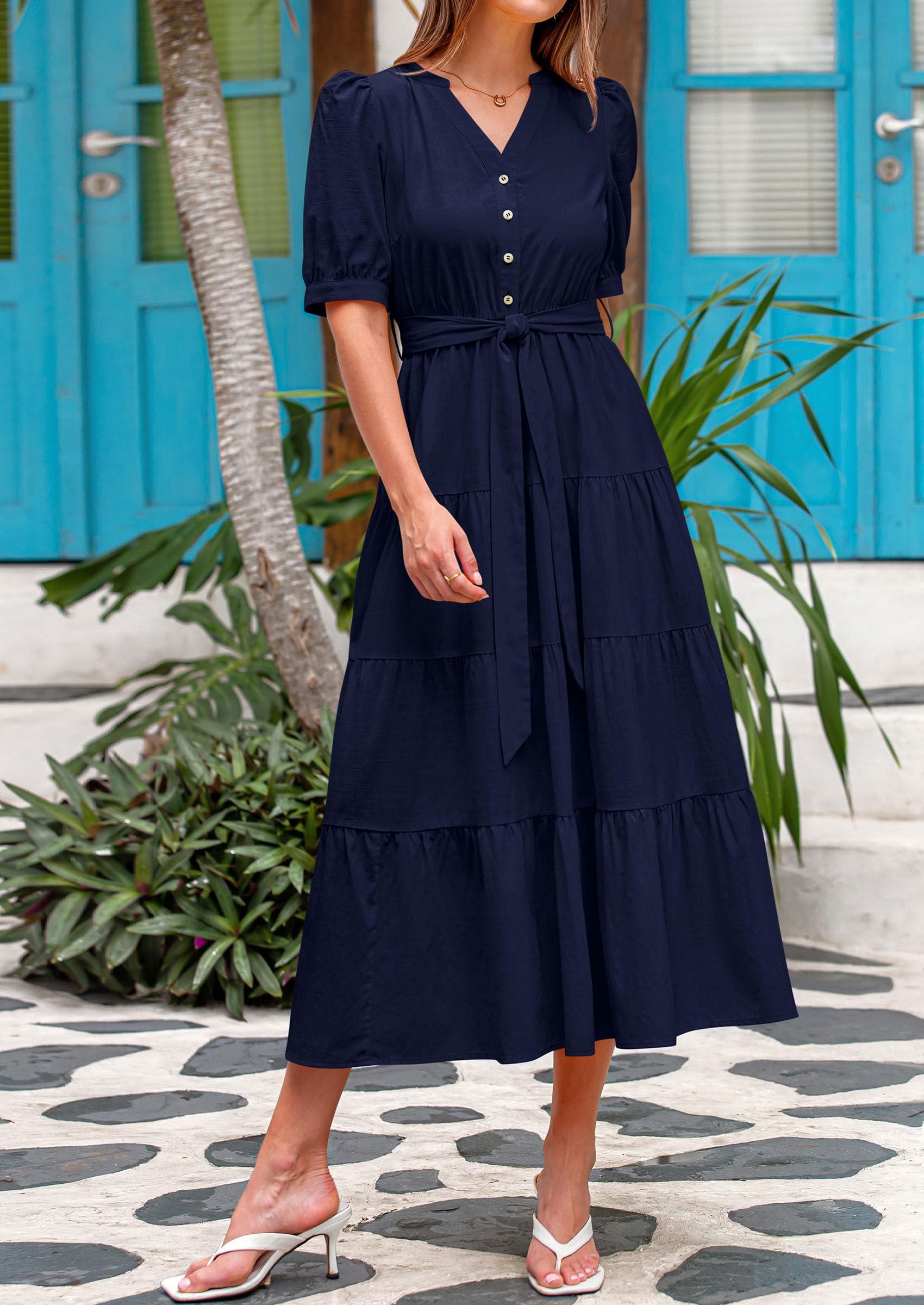 Foto 8 pulgar | Vestido Midi Prettygarden Para Mujer, Verano 2025, Cuello En V Con Bolsillos - Venta Internacional.