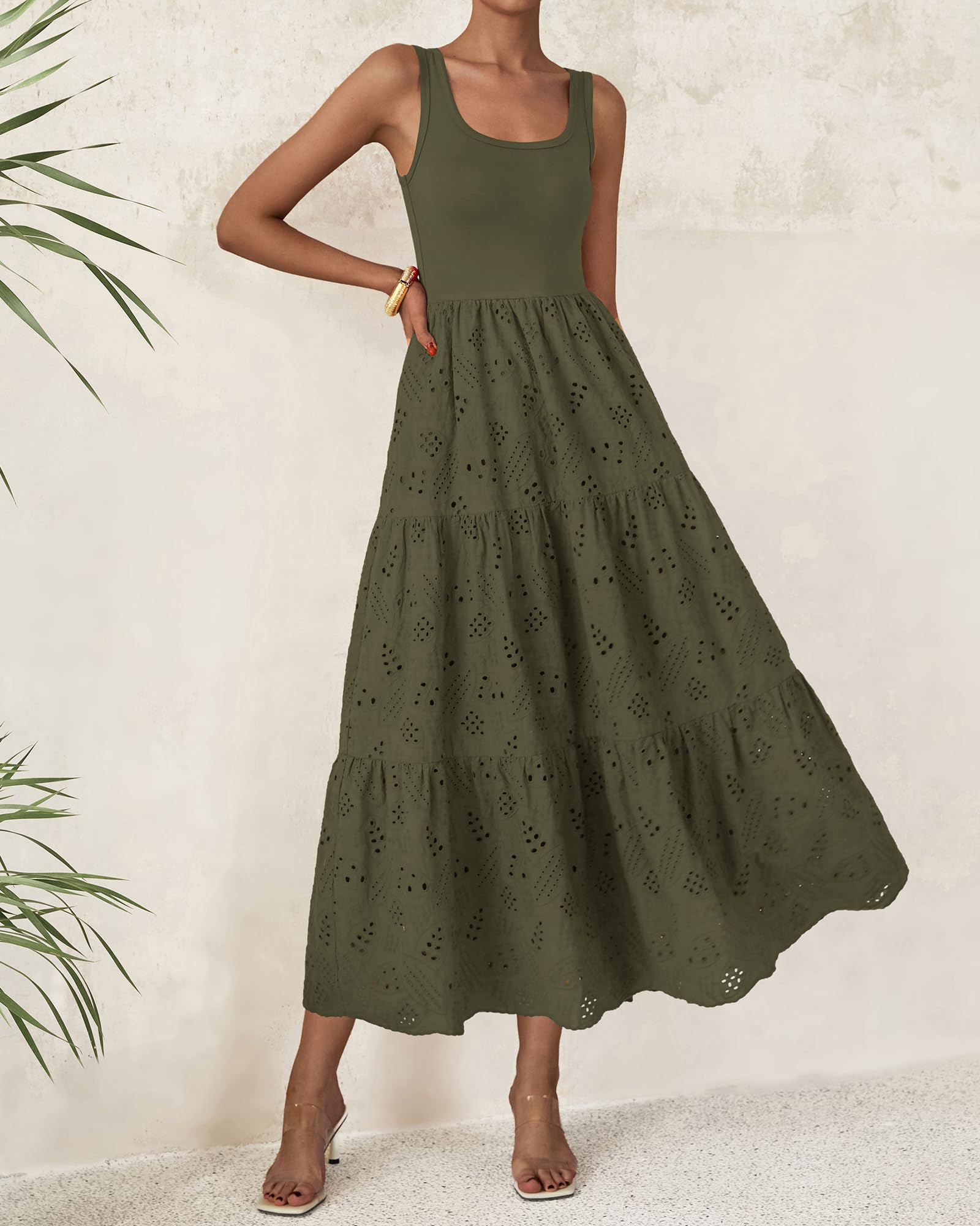 Foto 3 pulgar | Vestido Midi Btfbm Para Mujer, Verano, Con Ojales, Sin Mangas, Verde Militar - Venta Internacional.