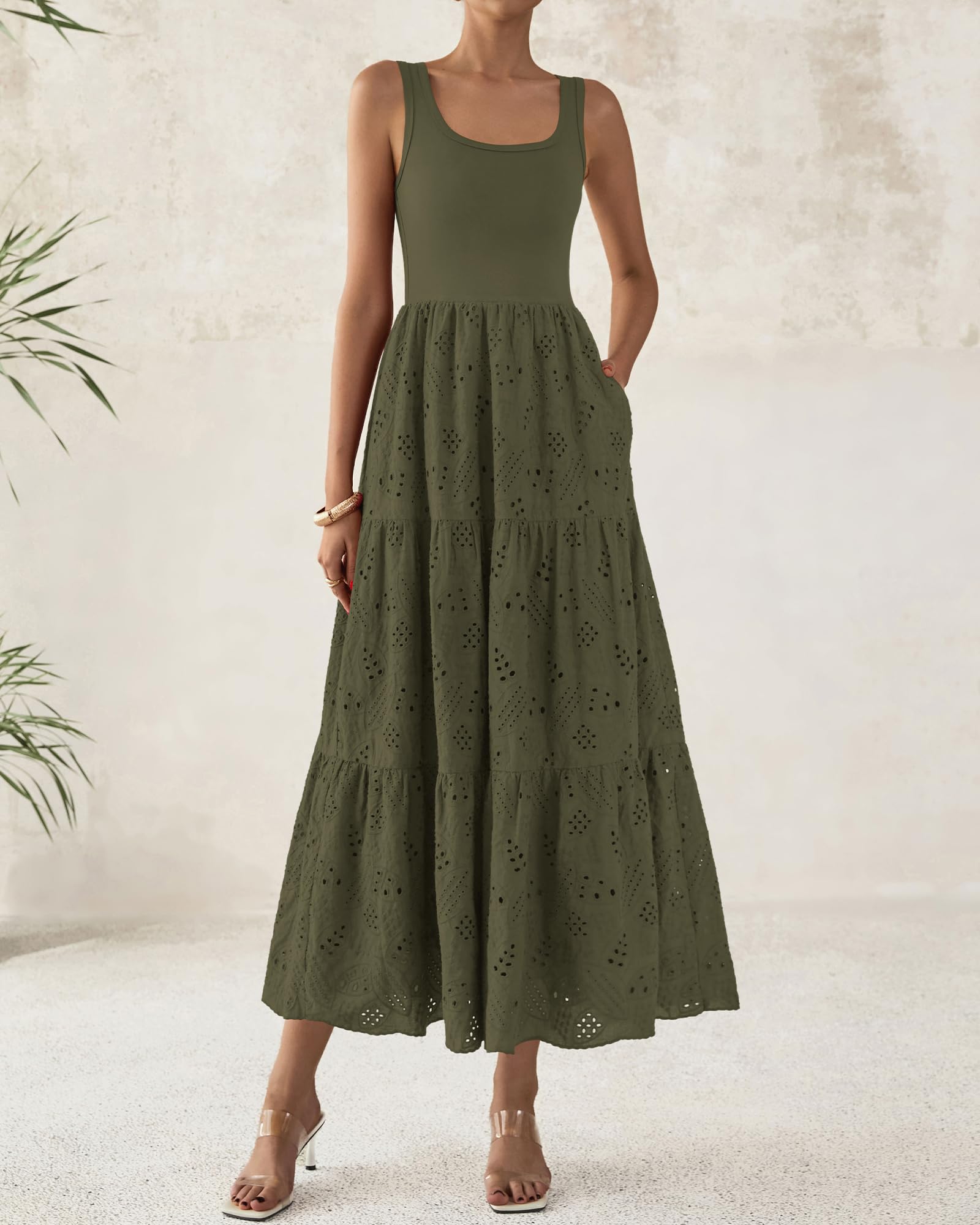 Foto 4 pulgar | Vestido Midi Btfbm Para Mujer, Verano, Con Ojales, Sin Mangas, Verde Militar - Venta Internacional.