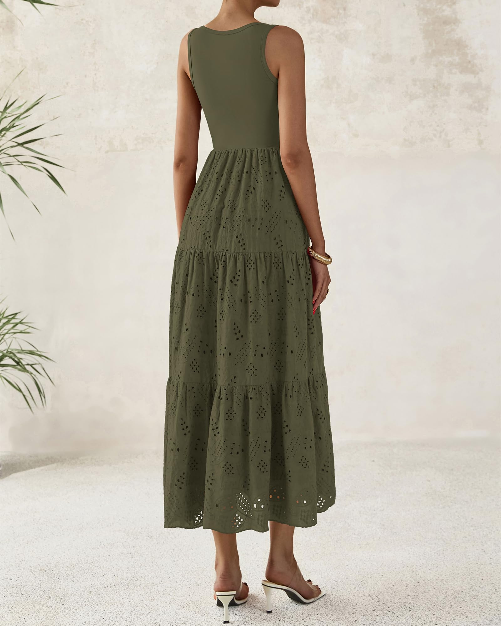 Foto 5 pulgar | Vestido Midi Btfbm Para Mujer, Verano, Con Ojales, Sin Mangas, Verde Militar - Venta Internacional.