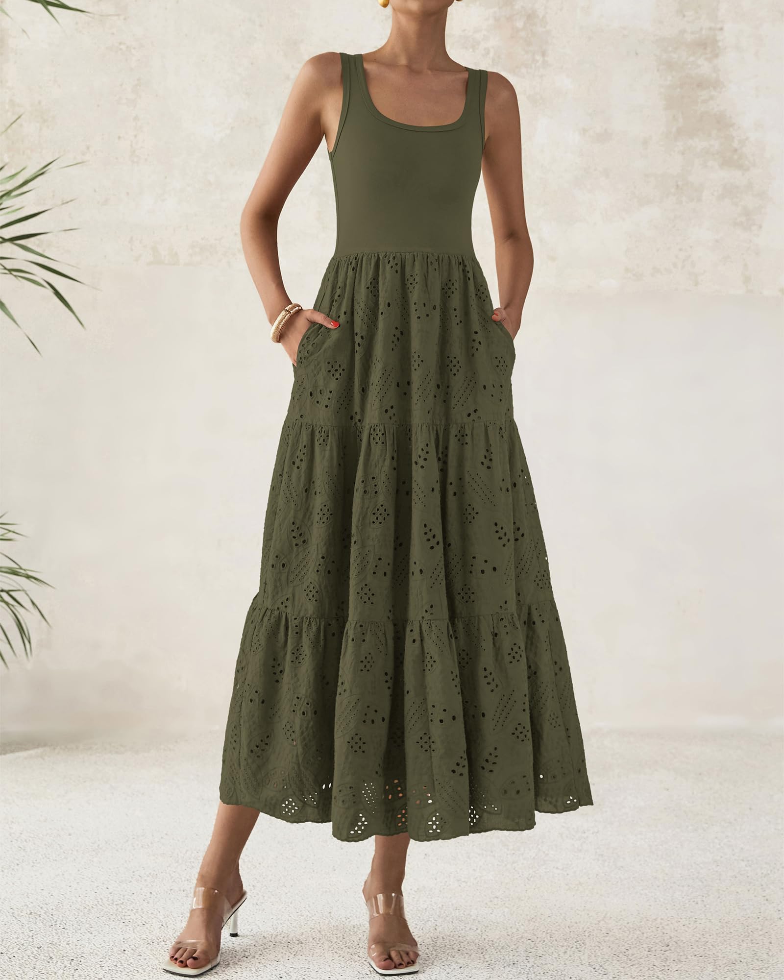 Foto 6 pulgar | Vestido Midi Btfbm Para Mujer, Verano, Con Ojales, Sin Mangas, Verde Militar - Venta Internacional.
