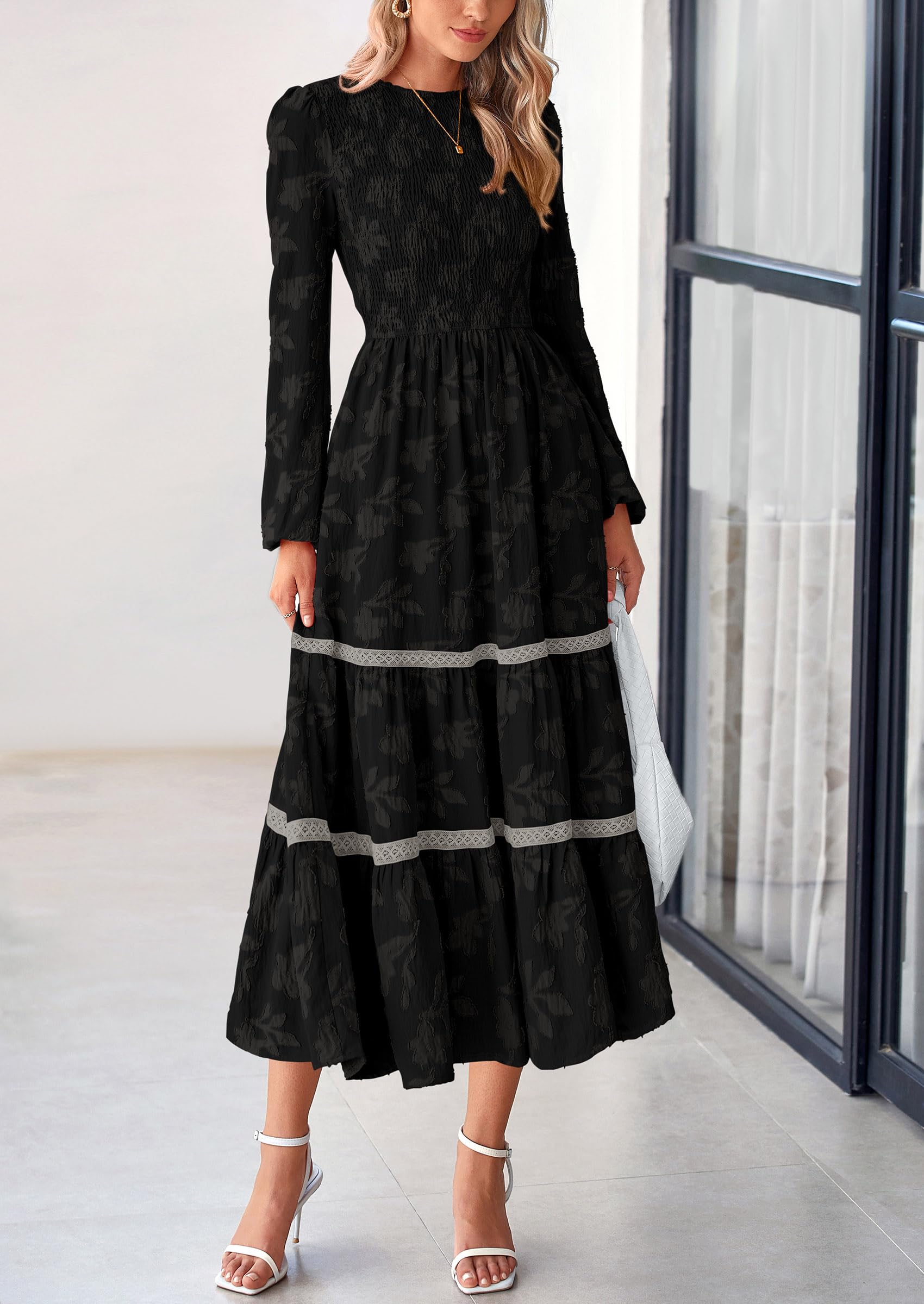 Foto 4 pulgar | Vestido Midi Prettygarden De Manga Larga Con Estampado Floral Fruncido Para Mujer - Venta Internacional.