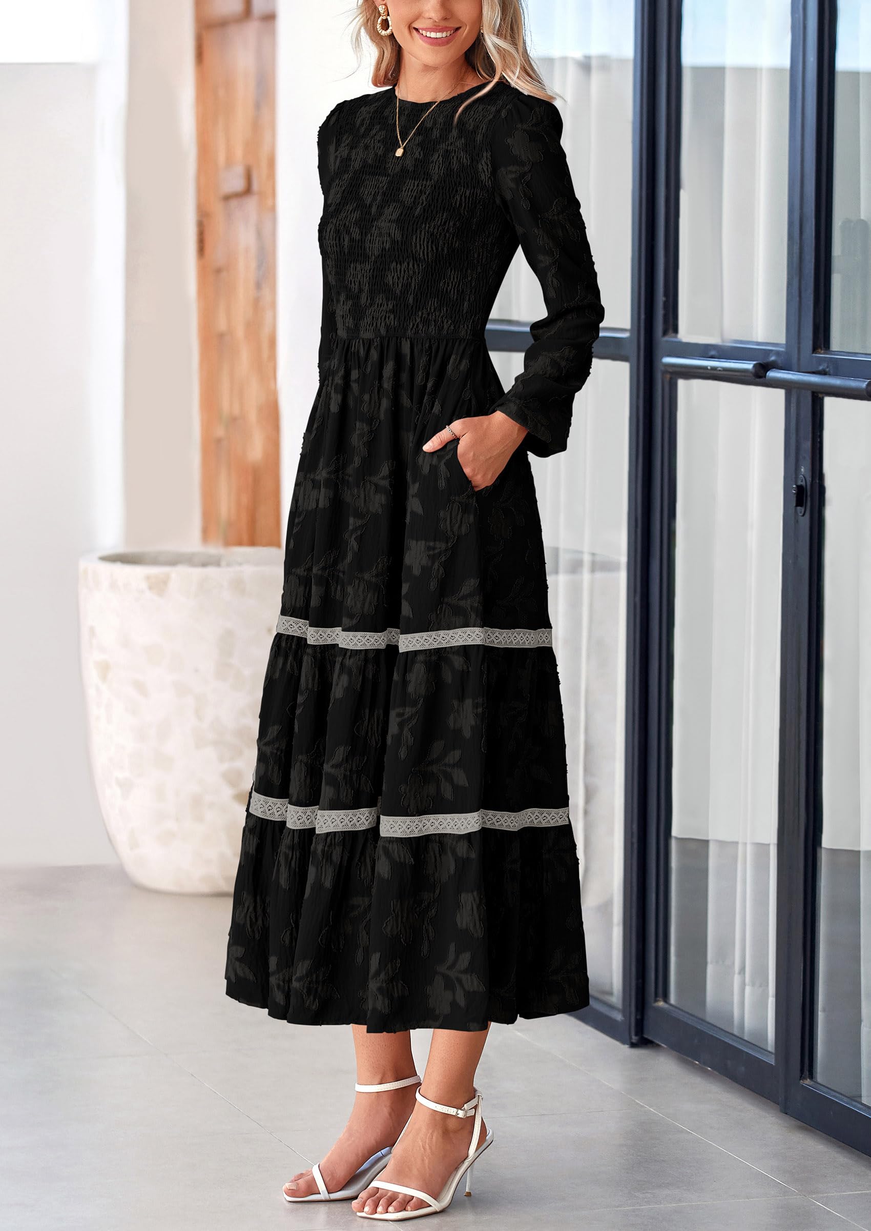 Foto 5 pulgar | Vestido Midi Prettygarden De Manga Larga Con Estampado Floral Fruncido Para Mujer - Venta Internacional.