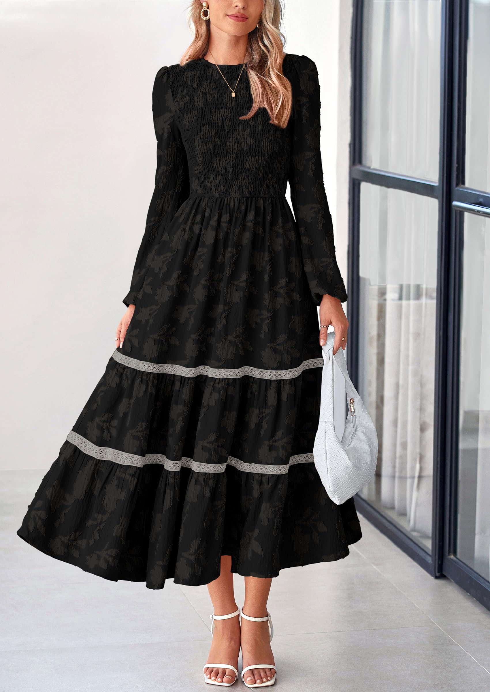 Foto 6 pulgar | Vestido Midi Prettygarden De Manga Larga Con Estampado Floral Fruncido Para Mujer - Venta Internacional.