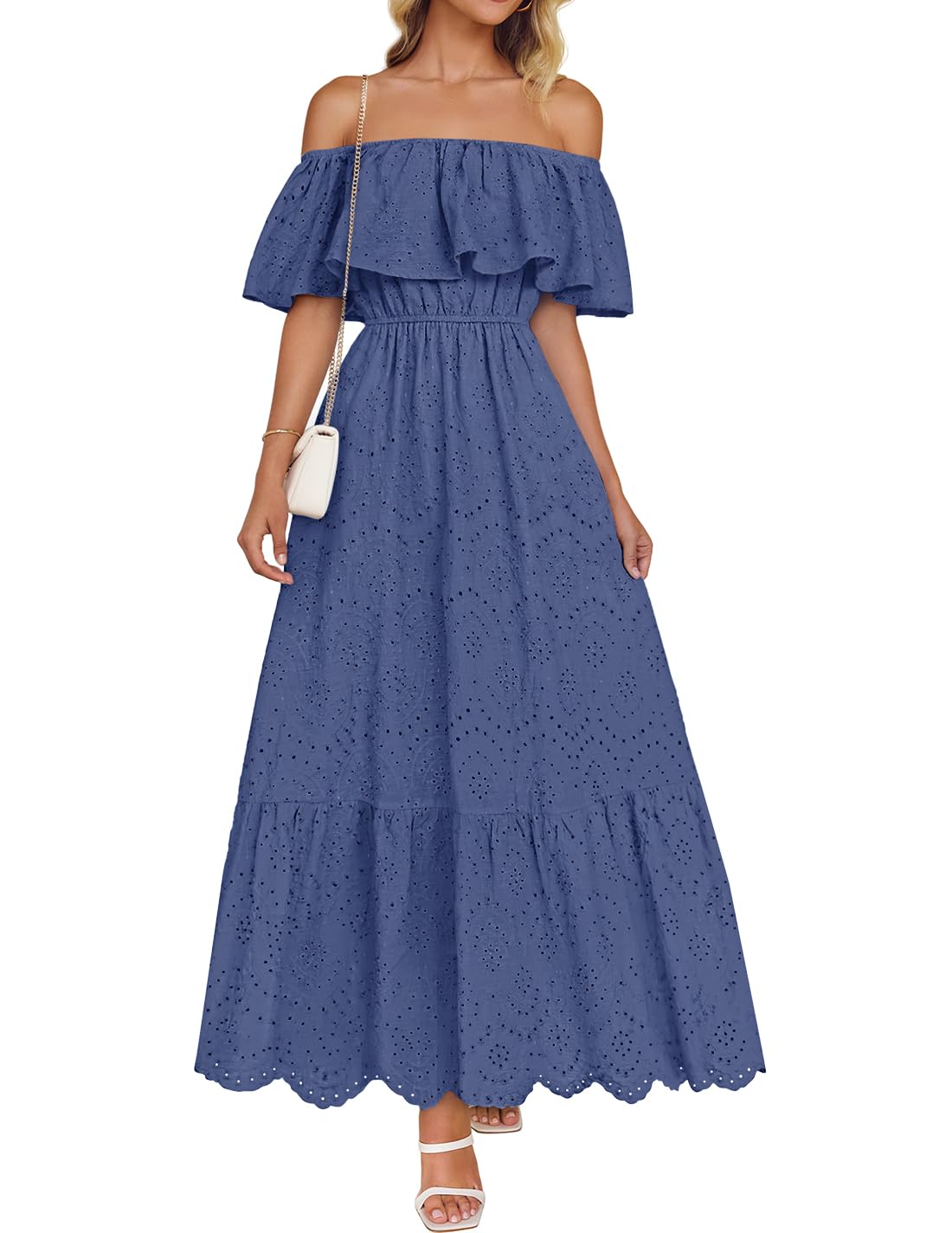 Foto 2 pulgar | Vestido Zesica Para Mujer, De Verano, Con Hombros Descubiertos, Bordado Con Volantes, Azul - Venta Internacional.