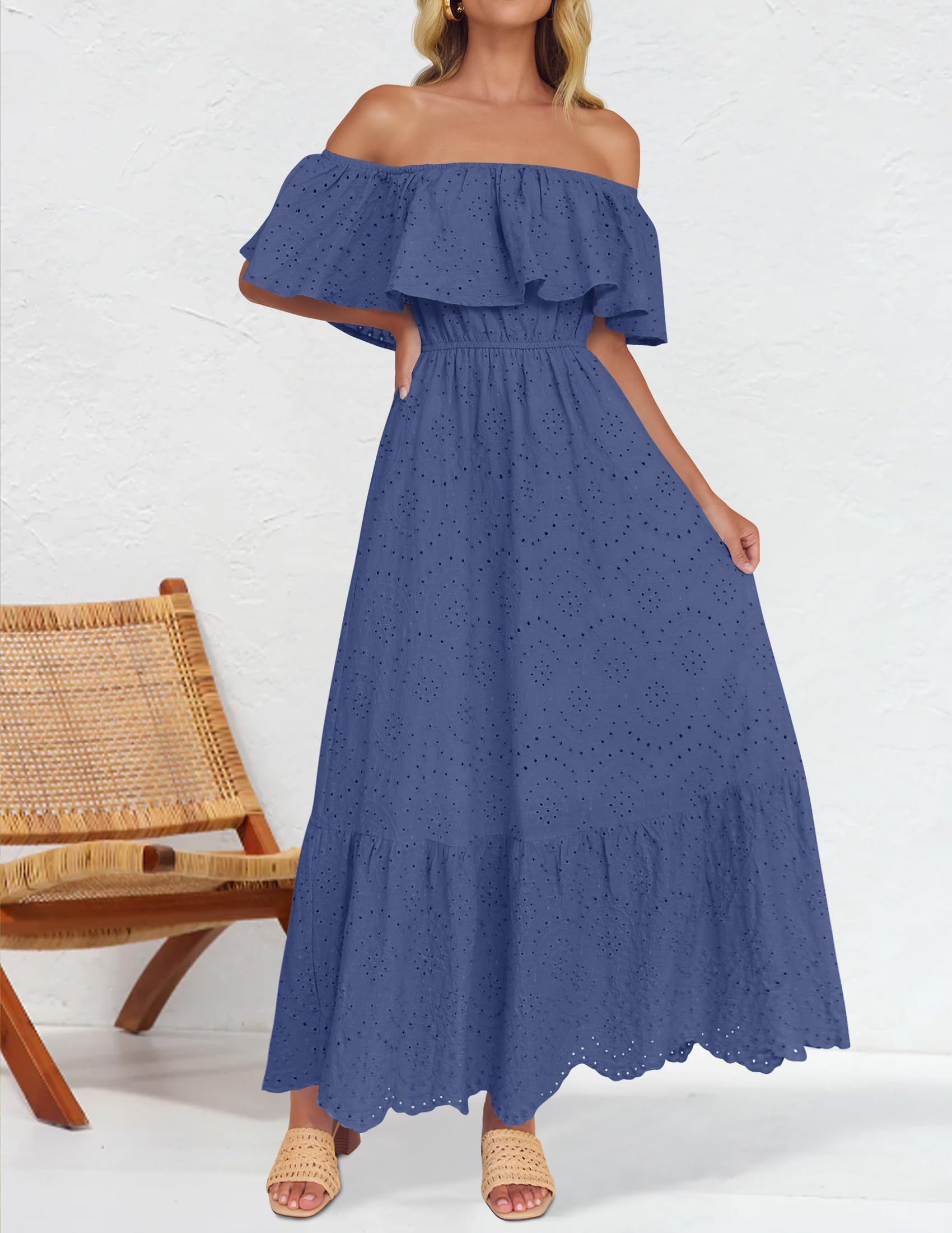 Foto 3 pulgar | Vestido Zesica Para Mujer, De Verano, Con Hombros Descubiertos, Bordado Con Volantes, Azul - Venta Internacional.