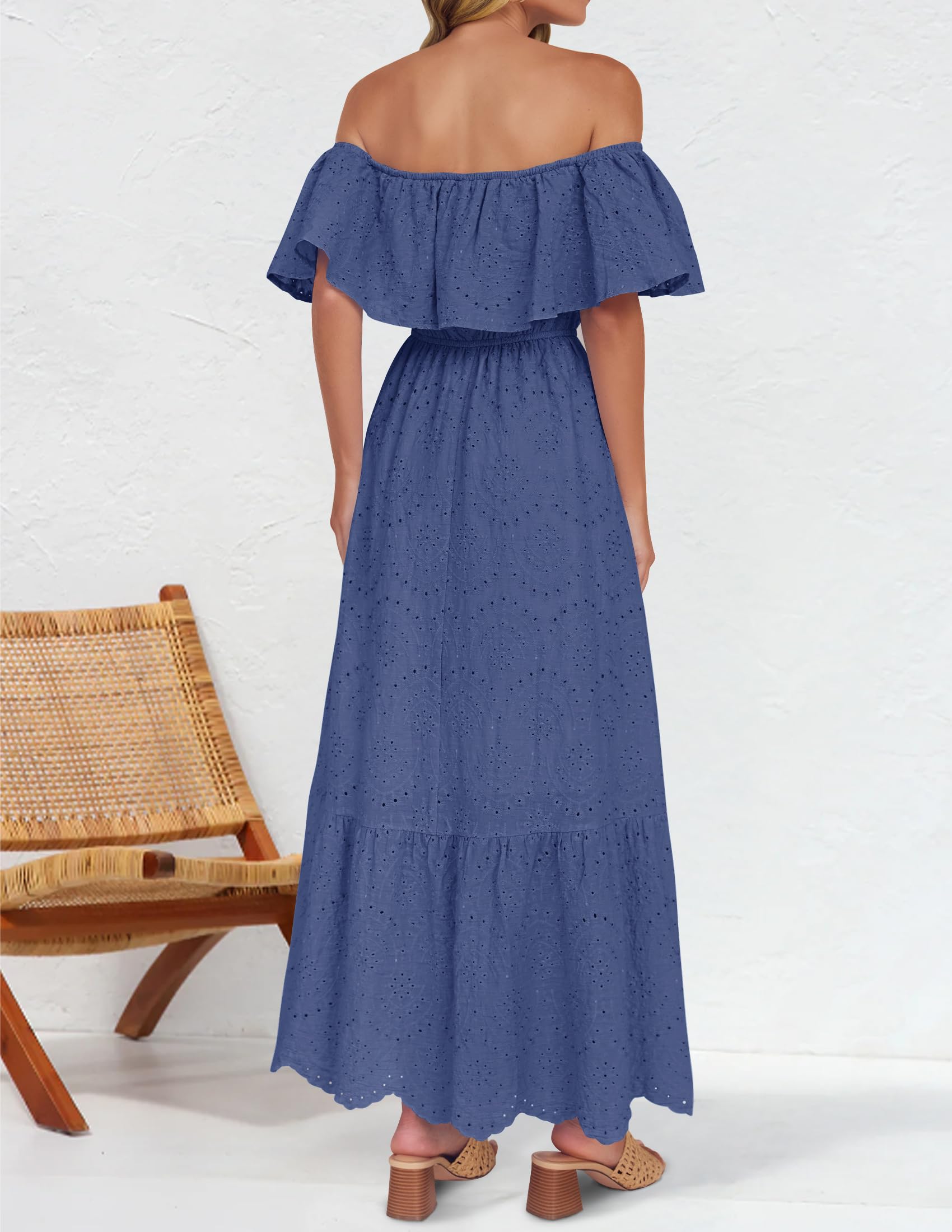 Foto 4 pulgar | Vestido Zesica Para Mujer, De Verano, Con Hombros Descubiertos, Bordado Con Volantes, Azul - Venta Internacional.