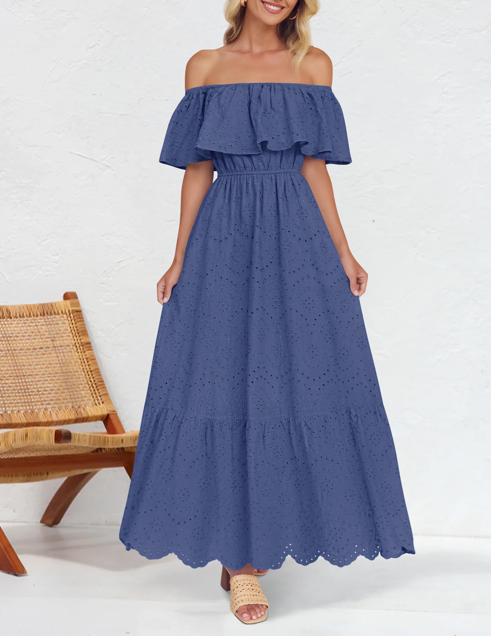 Foto 5 pulgar | Vestido Zesica Para Mujer, De Verano, Con Hombros Descubiertos, Bordado Con Volantes, Azul - Venta Internacional.
