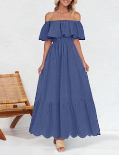 Foto 4 | Vestido Zesica Para Mujer, De Verano, Con Hombros Descubiertos, Bordado Con Volantes, Azul - Venta Internacional.
