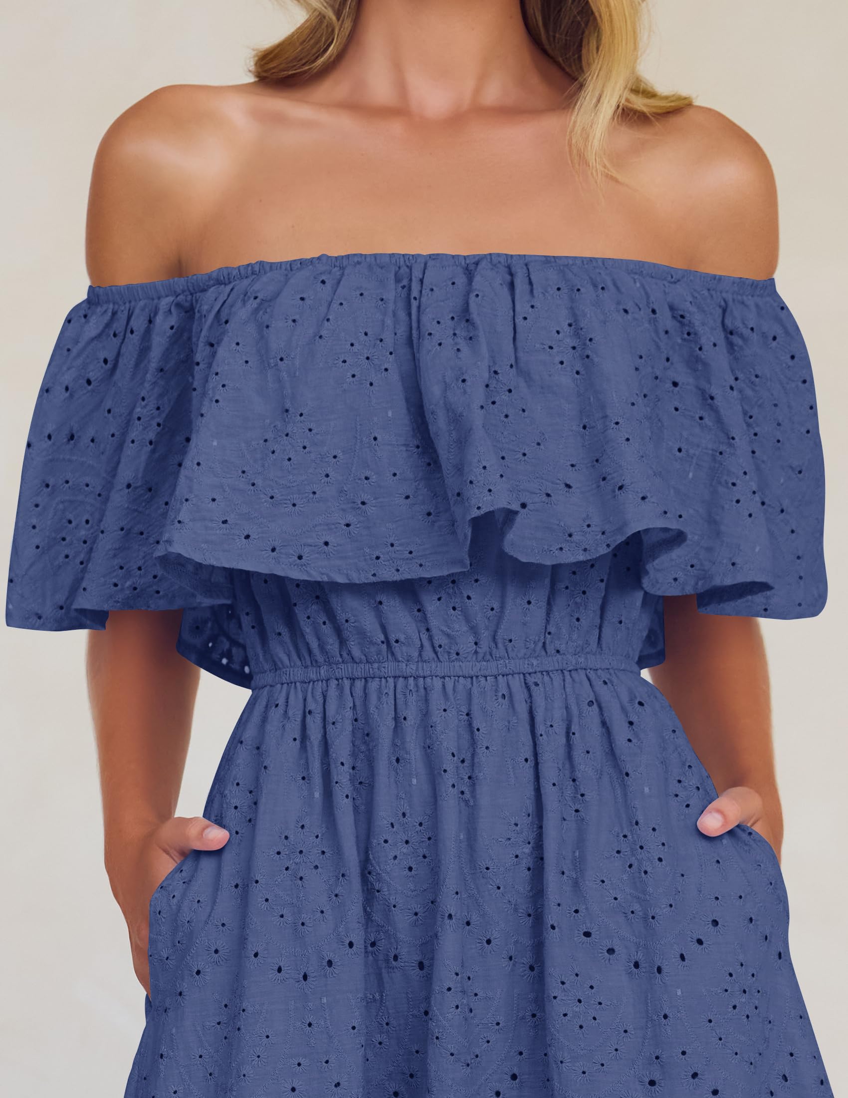 Foto 6 pulgar | Vestido Zesica Para Mujer, De Verano, Con Hombros Descubiertos, Bordado Con Volantes, Azul - Venta Internacional.