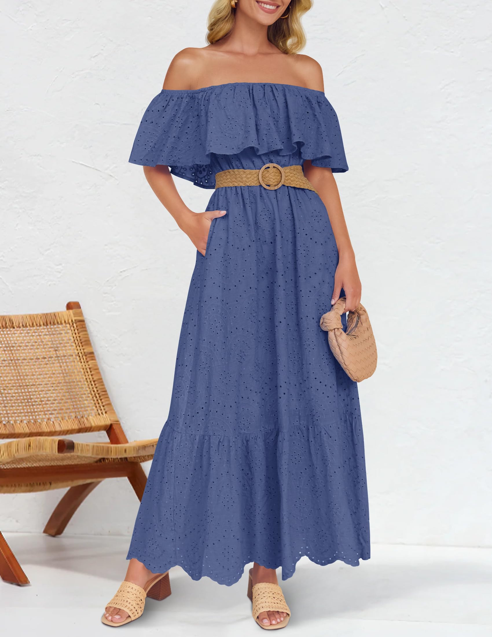 Foto 7 pulgar | Vestido Zesica Para Mujer, De Verano, Con Hombros Descubiertos, Bordado Con Volantes, Azul - Venta Internacional.