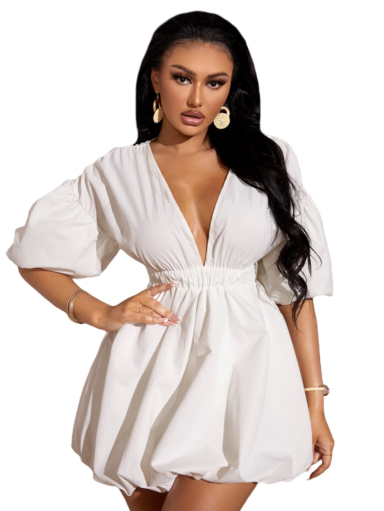 Foto 2 pulgar | Vestido Wdirara para Mujer Cuello en V Profundo Manga Abullonada Blanco - Venta Internacional