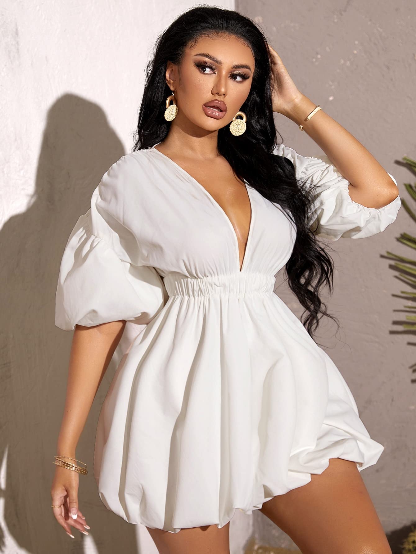 Foto 4 pulgar | Vestido Wdirara para Mujer Cuello en V Profundo Manga Abullonada Blanco - Venta Internacional