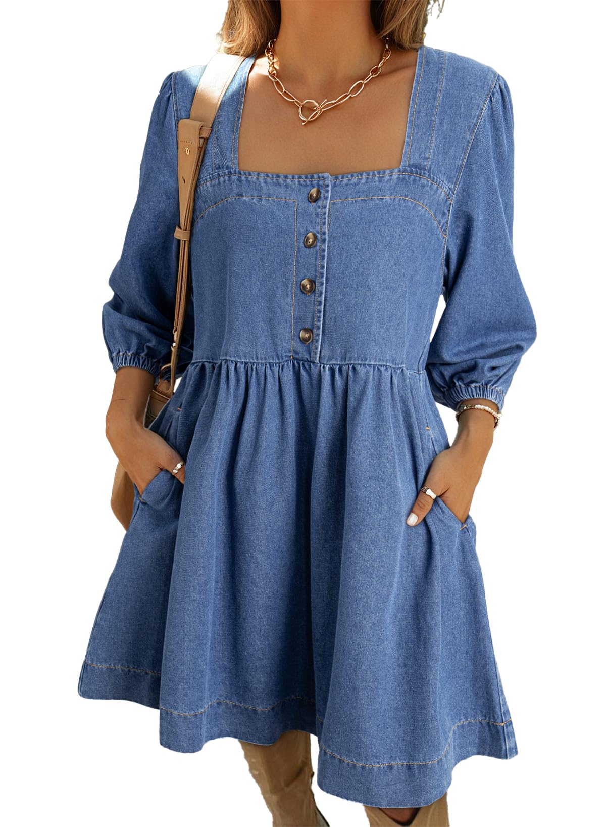 Foto 2 pulgar | Vestido Vaquero Sidefeel Spring Con Mangas 3/4, Corte Holgado, Azul Claro - Venta Internacional.