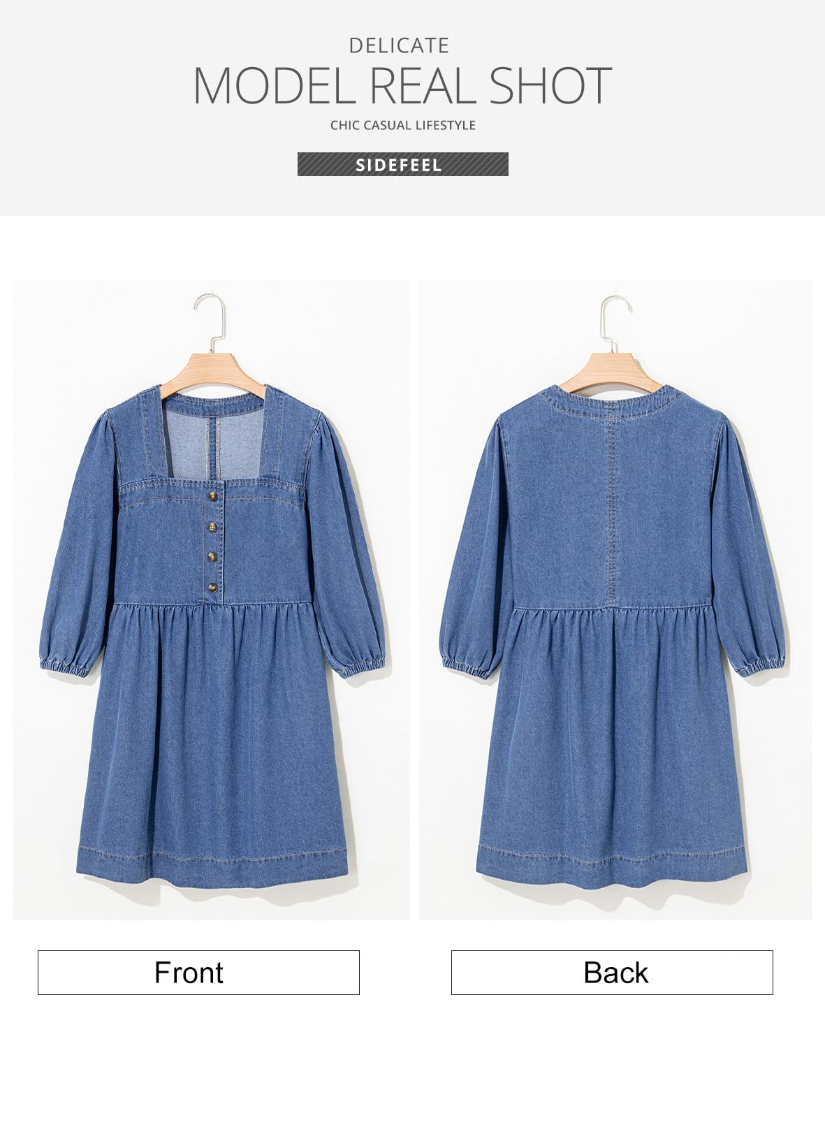 Foto 7 | Vestido Vaquero Sidefeel Spring Con Mangas 3/4, Corte Holgado, Azul Claro - Venta Internacional.
