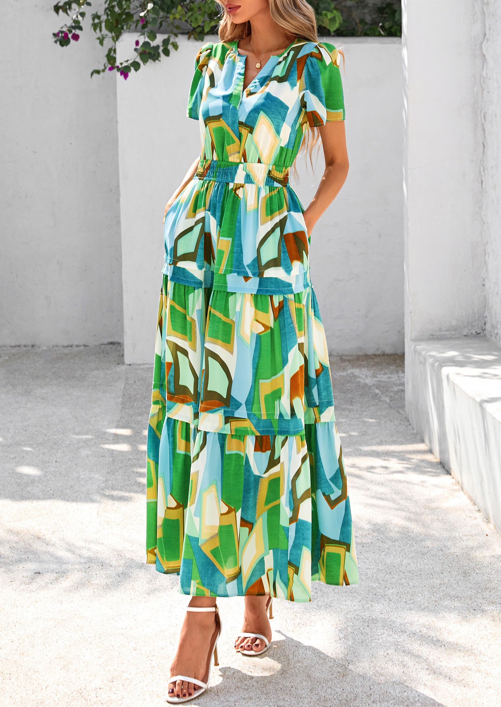 Foto 4 | Vestido Largo Prettygarden Para Mujer, Verano 2025, Estilo Bohemio, Floral, Verde - Venta Internacional.
