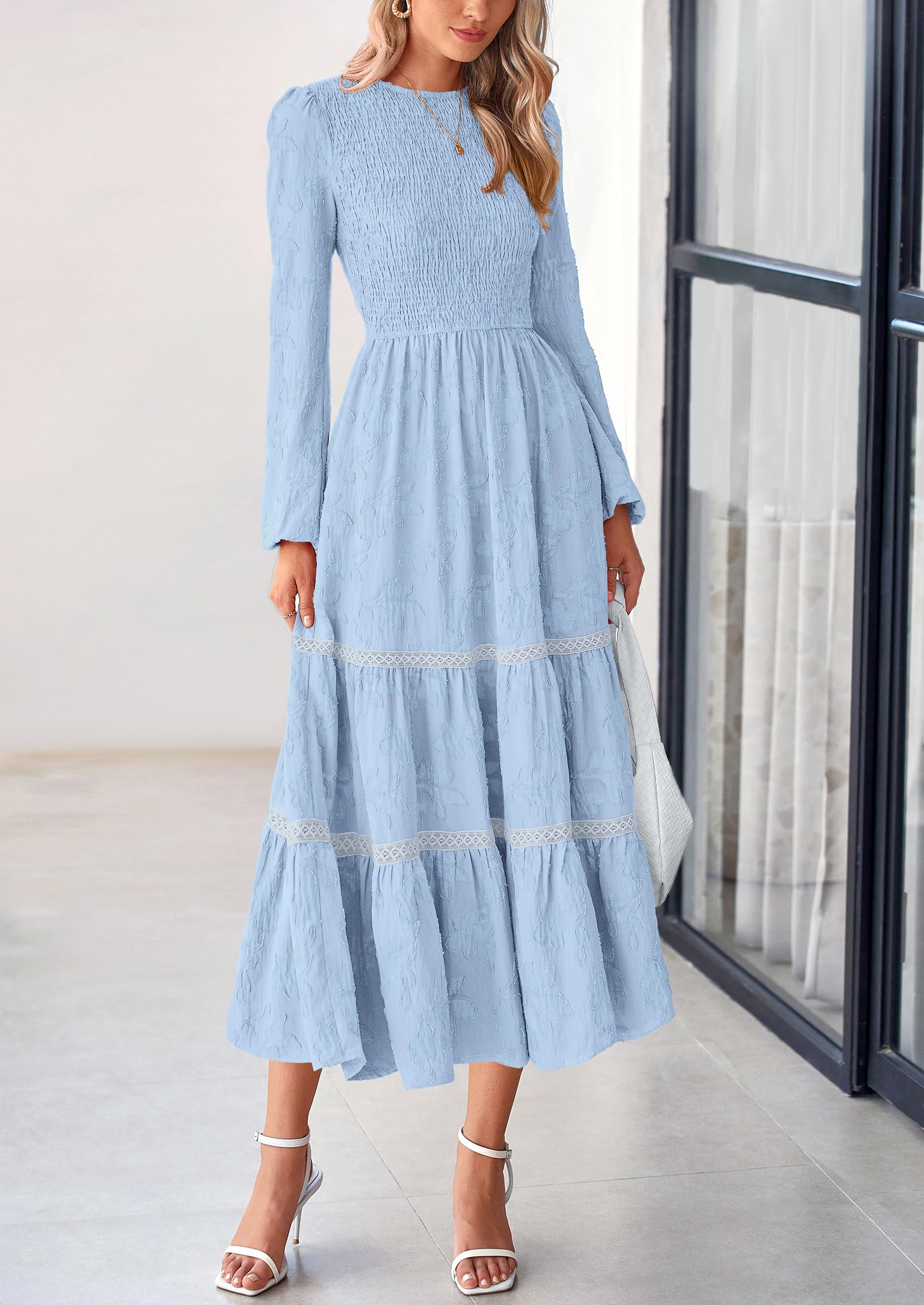 Foto 4 pulgar | Vestido Midi Prettygarden De Manga Larga Con Estampado Floral Fruncido Para Mujer - Venta Internacional.