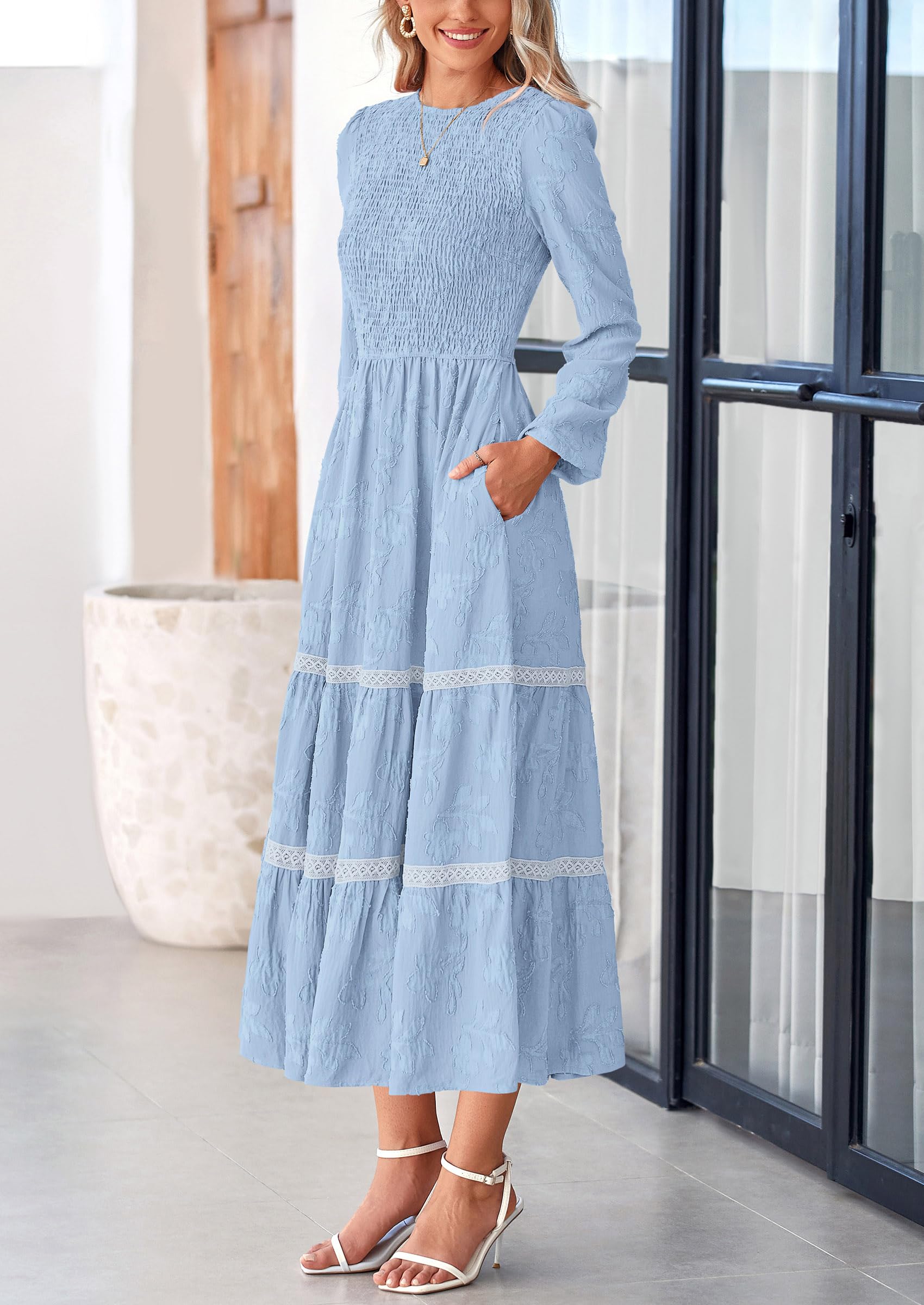 Foto 5 pulgar | Vestido Midi Prettygarden De Manga Larga Con Estampado Floral Fruncido Para Mujer - Venta Internacional.