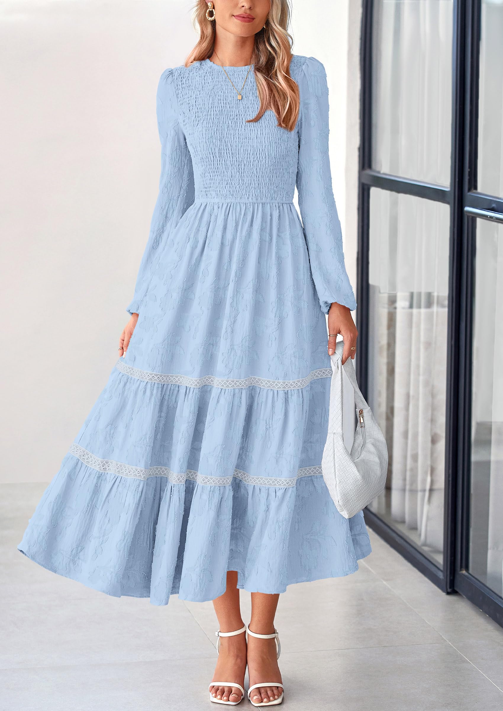 Foto 6 pulgar | Vestido Midi Prettygarden De Manga Larga Con Estampado Floral Fruncido Para Mujer - Venta Internacional.