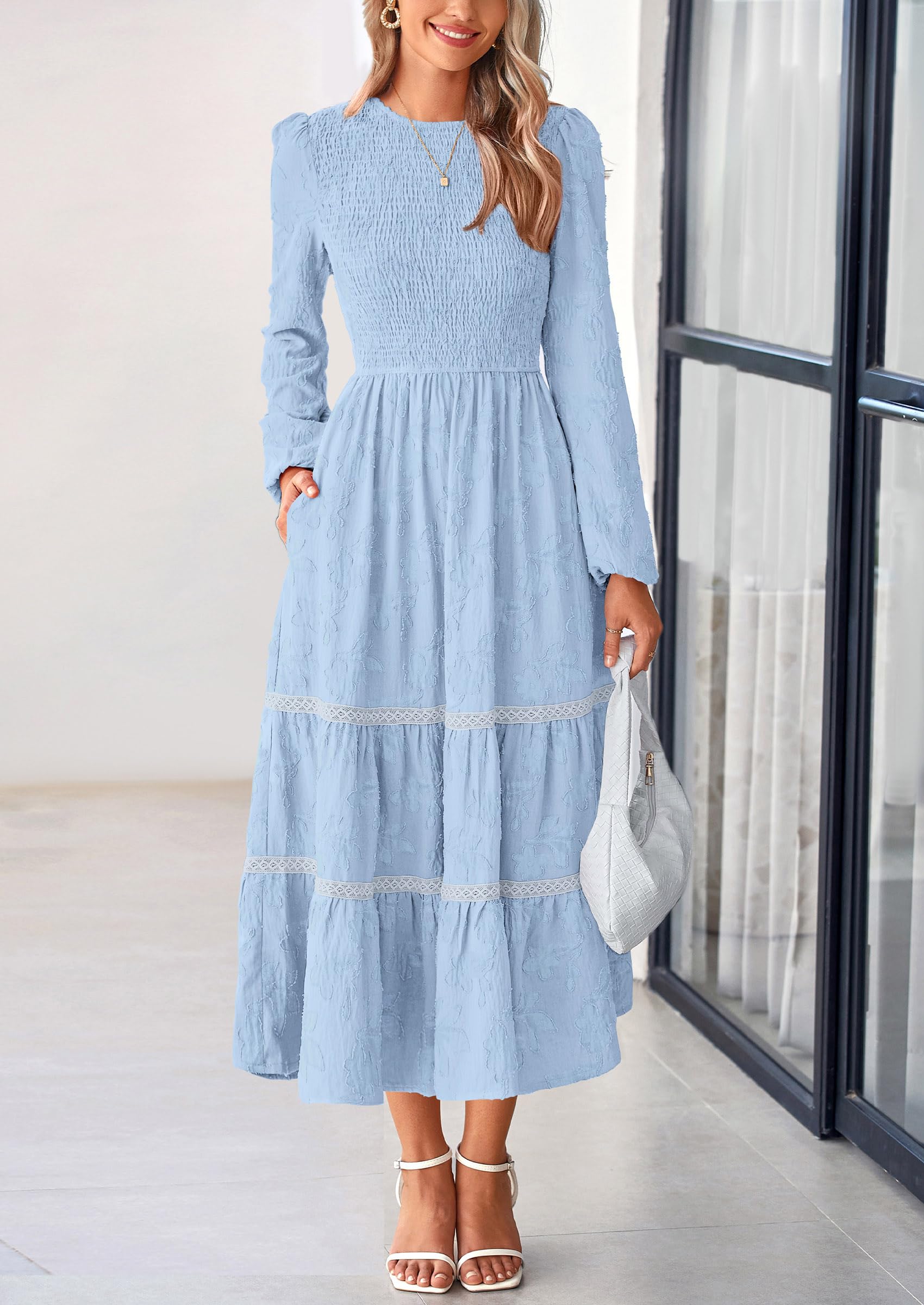 Foto 8 pulgar | Vestido Midi Prettygarden De Manga Larga Con Estampado Floral Fruncido Para Mujer - Venta Internacional.