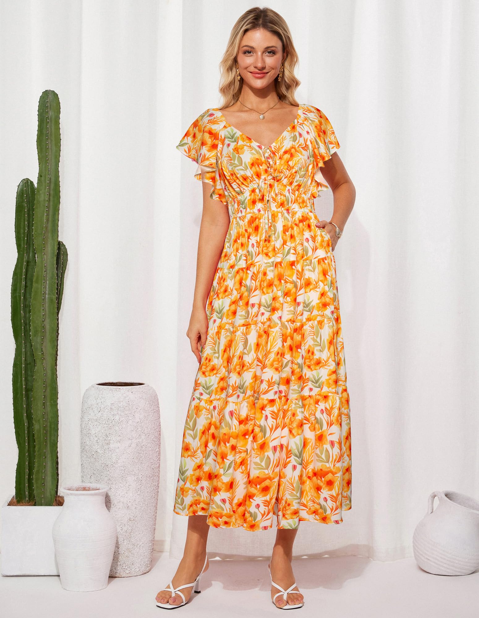 Foto 4 pulgar | Vestido Largo Grace Karin Con Estampado Floral De Verano, Cuello En V Y Manga Con Volantes - Venta Internacional.