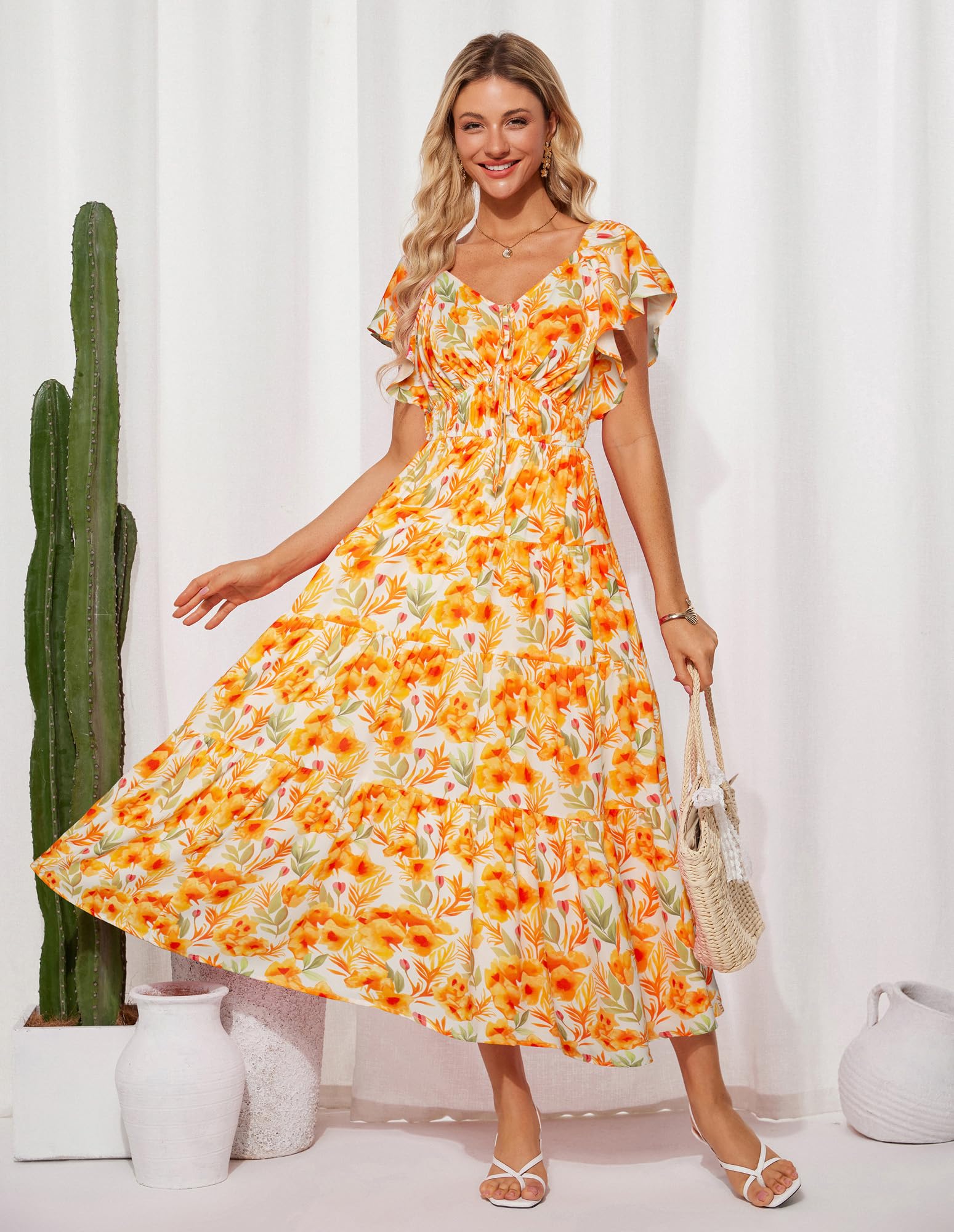 Foto 5 pulgar | Vestido Largo Grace Karin Con Estampado Floral De Verano, Cuello En V Y Manga Con Volantes - Venta Internacional.